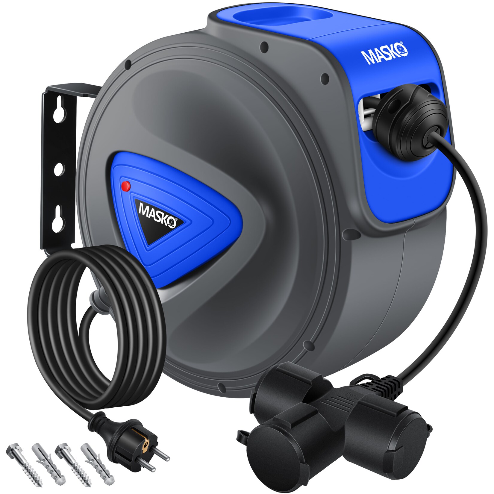 MASKO® Automatik Kabeltrommel Verlängerungskabel mit 3-Fach Anschluss 180° drehbar 1,5m Zuleitung Wandhalterung Werkstatt Kabelaufroller Automatisch Stromtrommel Schlauchaufroller Inkl. Handschuhe