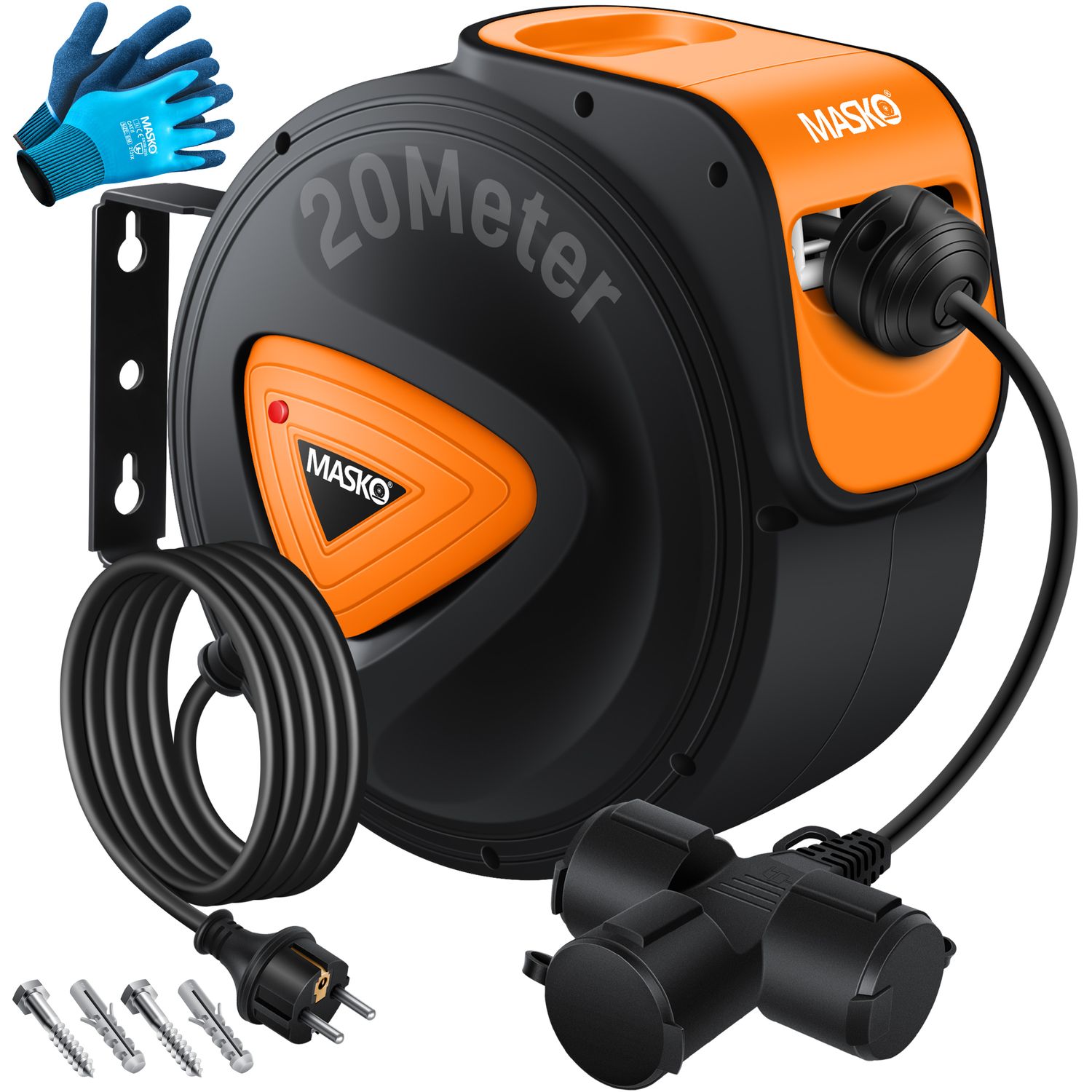 MASKO&reg; Automatik Kabeltrommel Verl&auml;ngerungskabel mit 3-Fach Anschluss 180&deg; drehbar 1,5m Zuleitung Wandhalterung Werkstatt Kabelaufroller Automatisch Stromtrommel Schlauchaufroller Inkl. Handschuhe - Bild 1