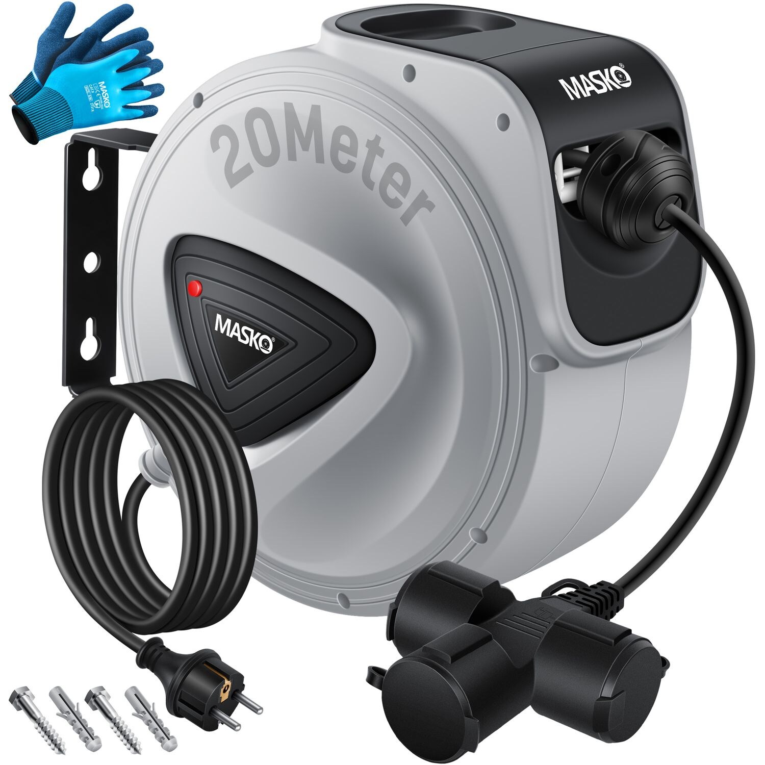 MASKO® Automatik Kabeltrommel Verlängerungskabel mit 3-Fach Anschluss 180° drehbar 1,5m Zuleitung Wandhalterung Werkstatt Kabelaufroller Automatisch Stromtrommel Schlauchaufroller Inkl. Handschuhe | 04255598312653