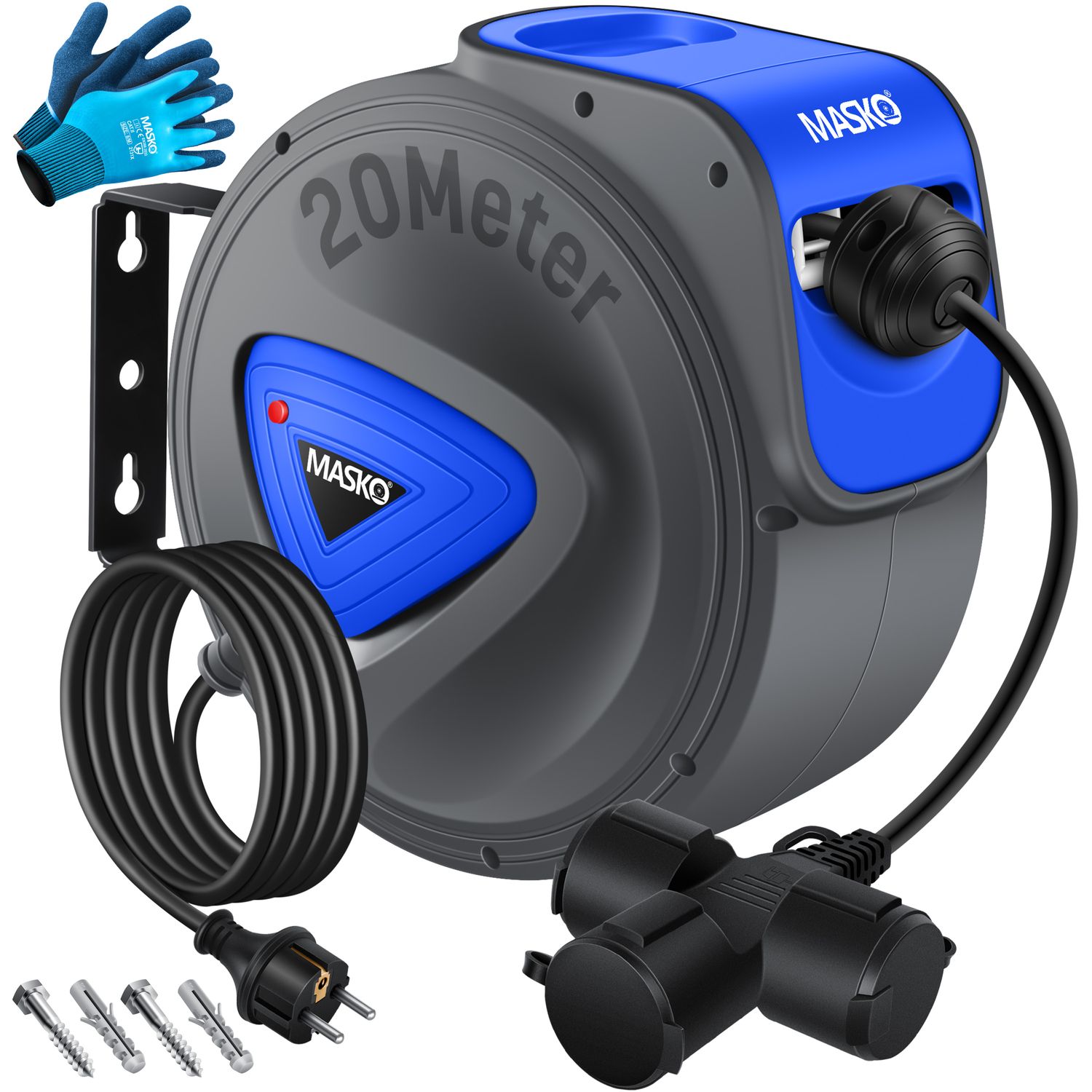 MASKO&reg; Automatik Kabeltrommel Verl&auml;ngerungskabel mit 3-Fach Anschluss 180&deg; drehbar 1,5m Zuleitung Wandhalterung Werkstatt Kabelaufroller Automatisch Stromtrommel Schlauchaufroller Inkl. Handschuhe - Bild 1