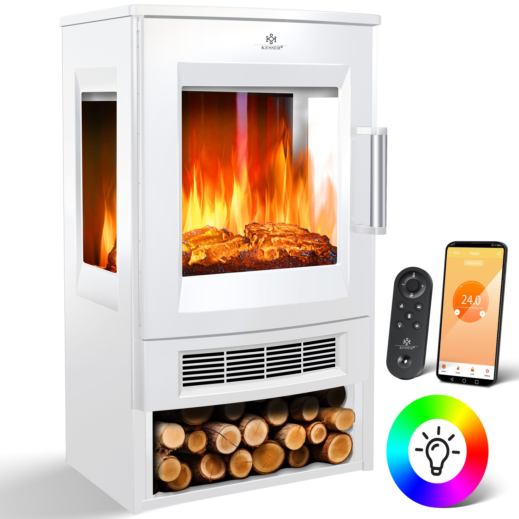 KESSER® Elektrokamin mit Heizung Panorama-Sichtfenster Heizlüfter 9 LED-Flammeneffekt Farbmodi Fernbedienung WiFi App 900/1800W Kaminfeuer elektrisch Elektro Kamin mit Thermostat Heizfunktion Timer