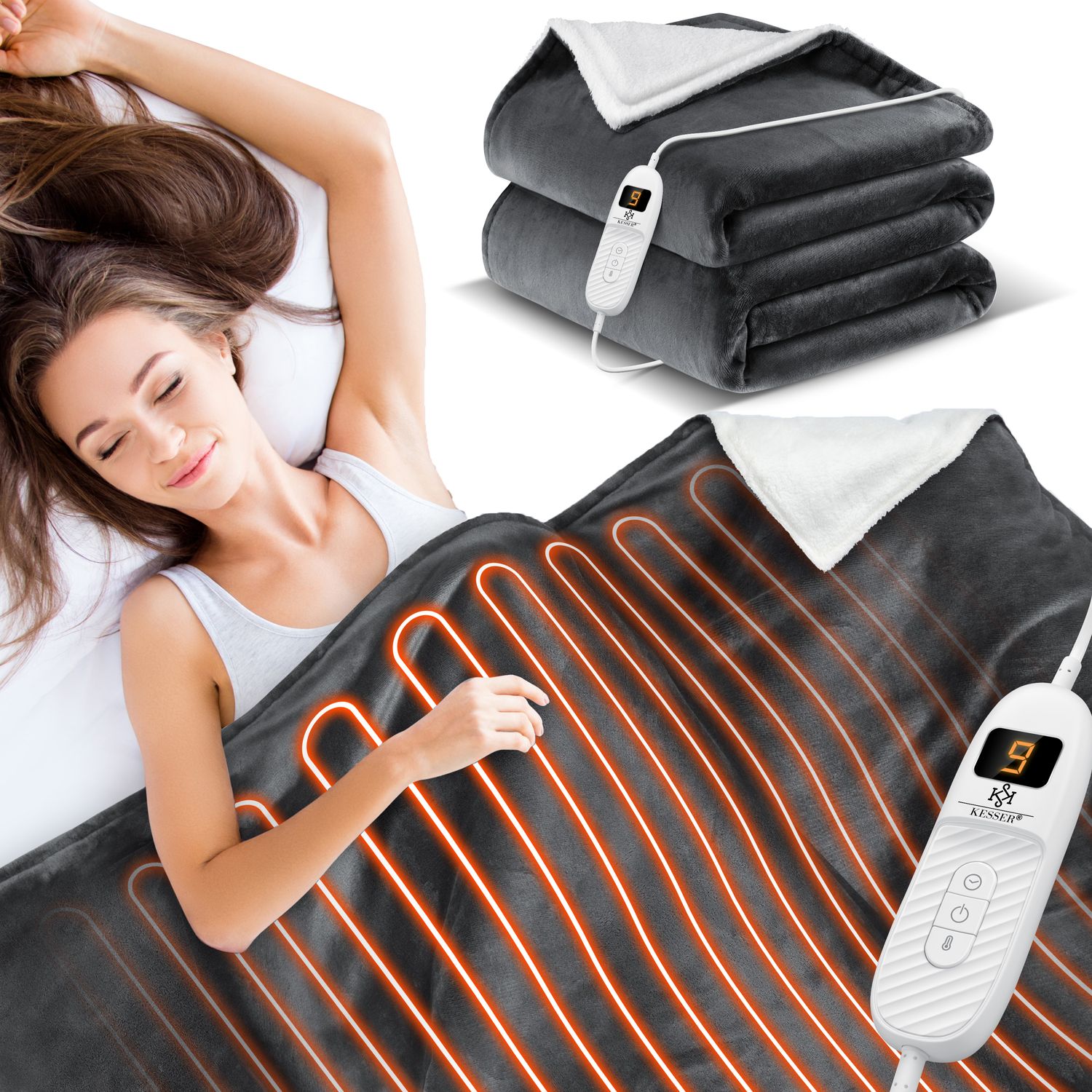 KESSER&reg; Heizdecke mit Abschaltautomatik Doppelseitig Elektrische W&auml;rmedecke | Kuscheldecke Bett, Sofa | 9 Temperaturstufen | waschbar bis 40&deg;C | mit Timer Digitalanzeige - Bild 1
