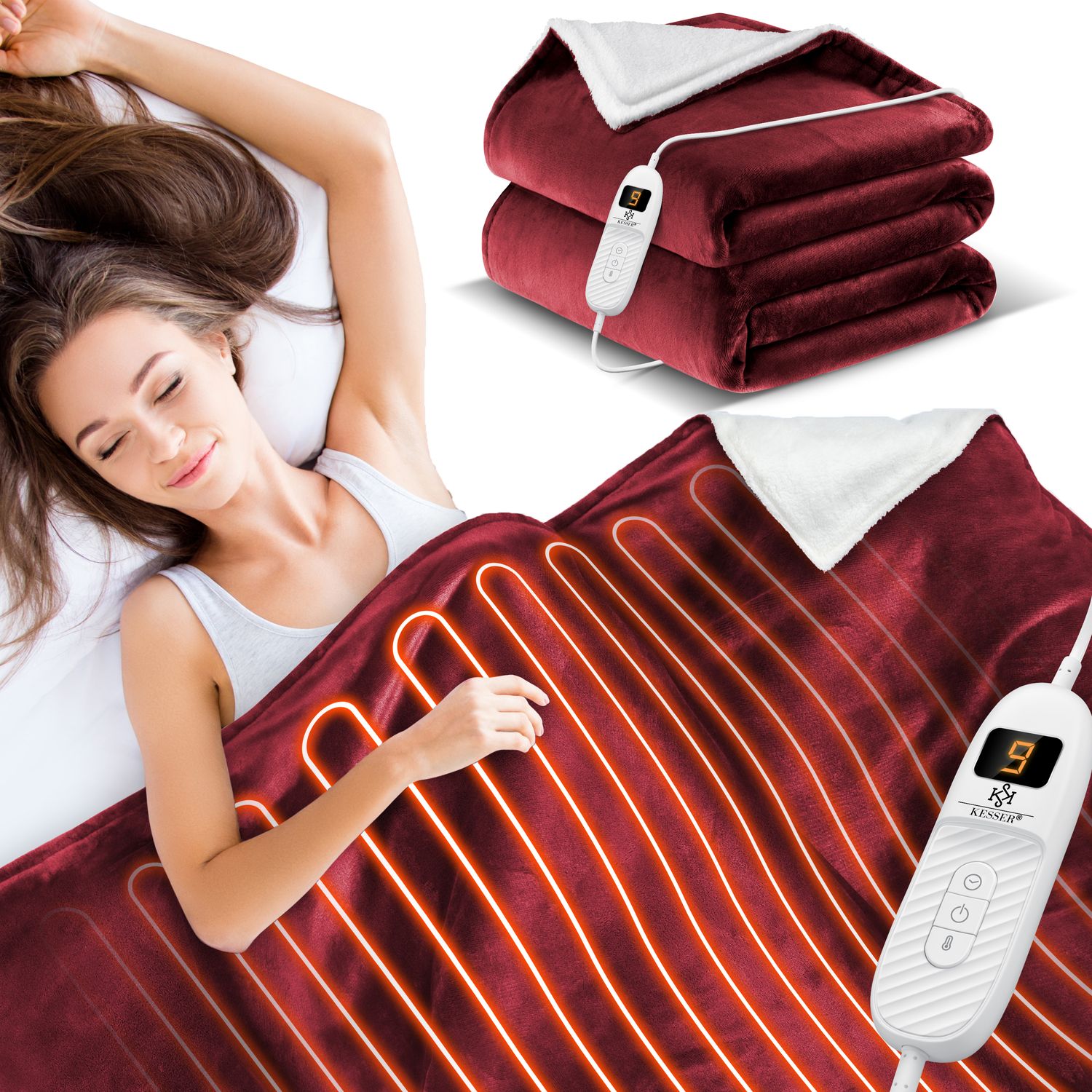 KESSER&reg; Heizdecke mit Abschaltautomatik Doppelseitig Elektrische W&auml;rmedecke | Kuscheldecke Bett, Sofa | 9 Temperaturstufen | waschbar bis 40&deg;C | mit Timer Digitalanzeige - Bild 1