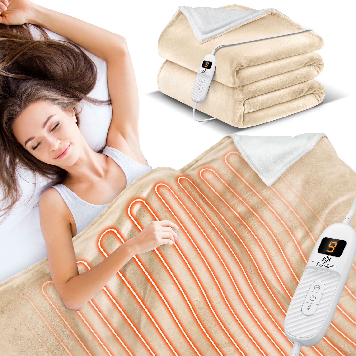 KESSER&reg; Heizdecke mit Abschaltautomatik Doppelseitig Elektrische W&auml;rmedecke | Kuscheldecke Bett, Sofa | 9 Temperaturstufen | waschbar bis 40&deg;C | mit Timer Digitalanzeige - Bild 1