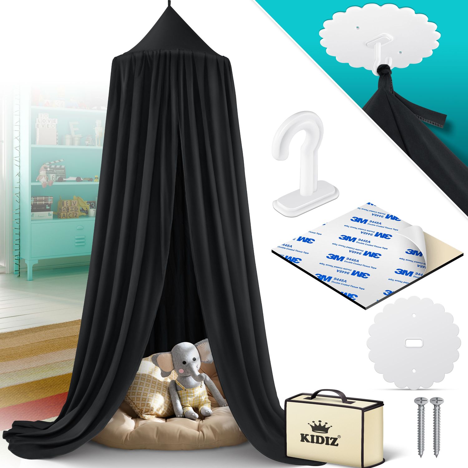 KIDIZ&reg; Baldachin Kinderzimmer Betthimmel babybett f&uuml;r Schlafzimmer Inkl. Aufbewahrungstasche | ohne Bohren | Sauml&auml;nge ca. 270cm | Moskitonetz Insektenschutz Kinder Spielzelte - Bild 1