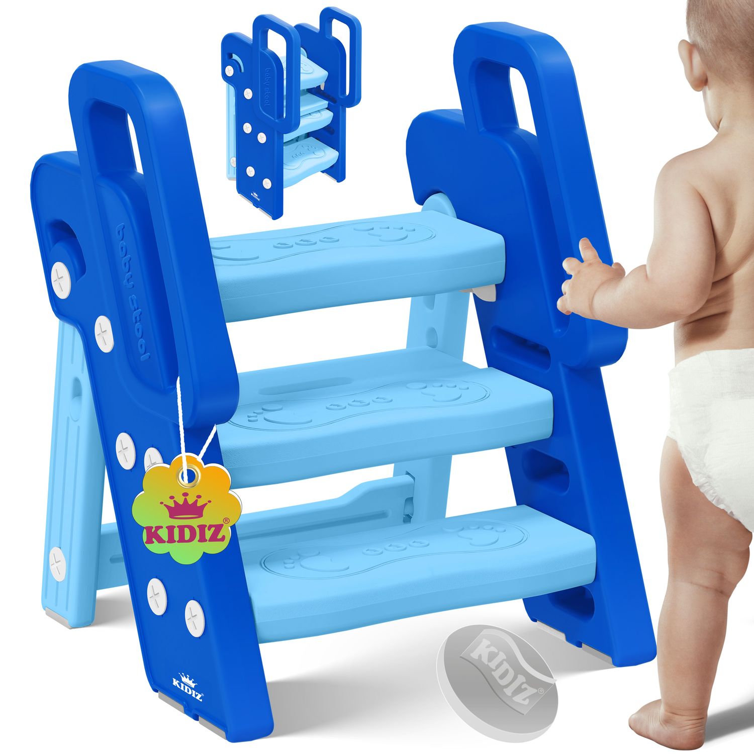 KIDIZ&reg; Tritthocker f&uuml;r Kinder Trittleiter Klappbar mit 3 Stufen | Faltbarer Lern-Turm ab 18 Monaten bis 6 Jahren | Robust | Sicherer & Stabiler Trittschemel | H&ouml;henverstellbar Rutschfest - Bild 1