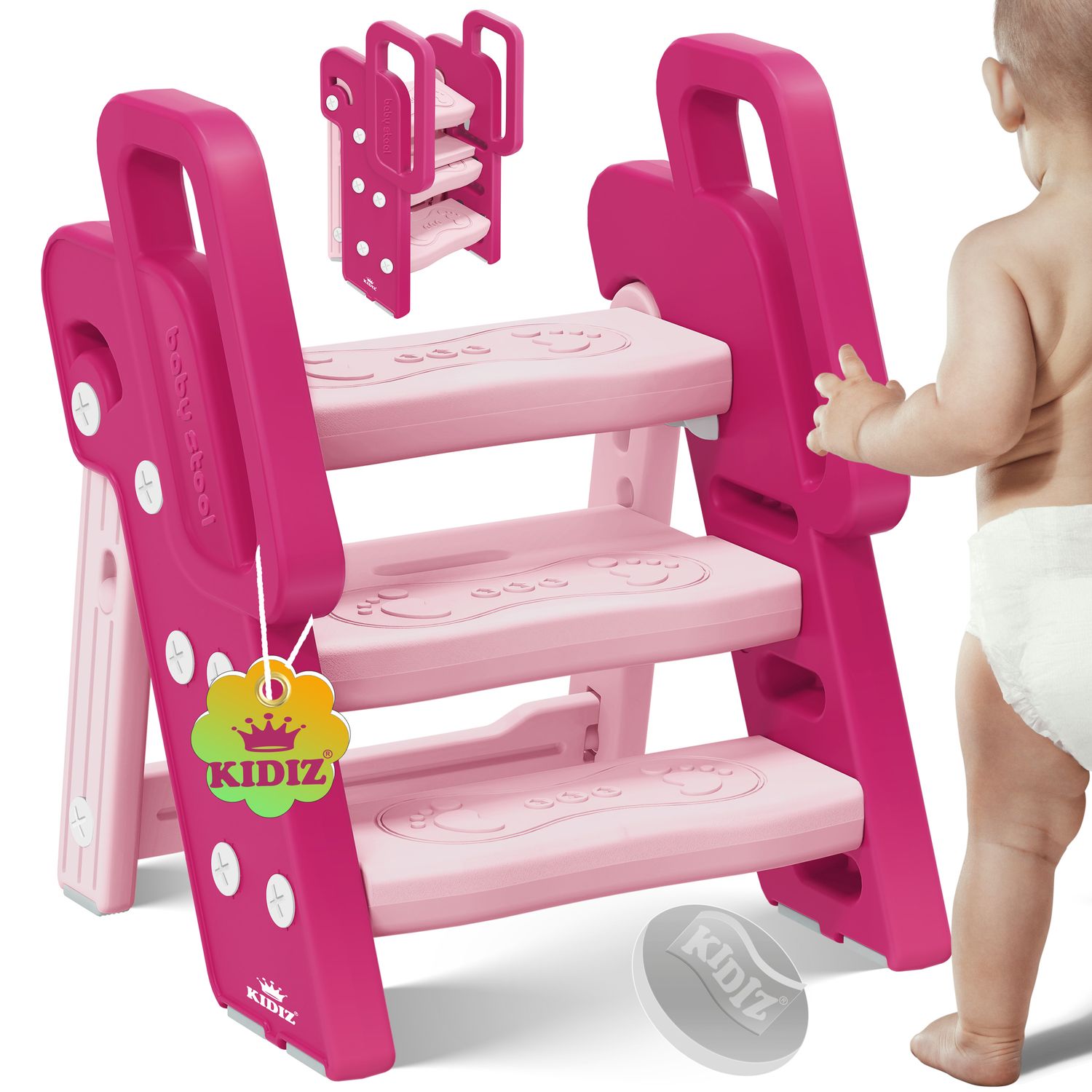 KIDIZ&reg; Tritthocker f&uuml;r Kinder Trittleiter Klappbar mit 3 Stufen | Faltbarer Lern-Turm ab 18 Monaten bis 6 Jahren | Robust | Sicherer & Stabiler Trittschemel | H&ouml;henverstellbar Rutschfest - Bild 1