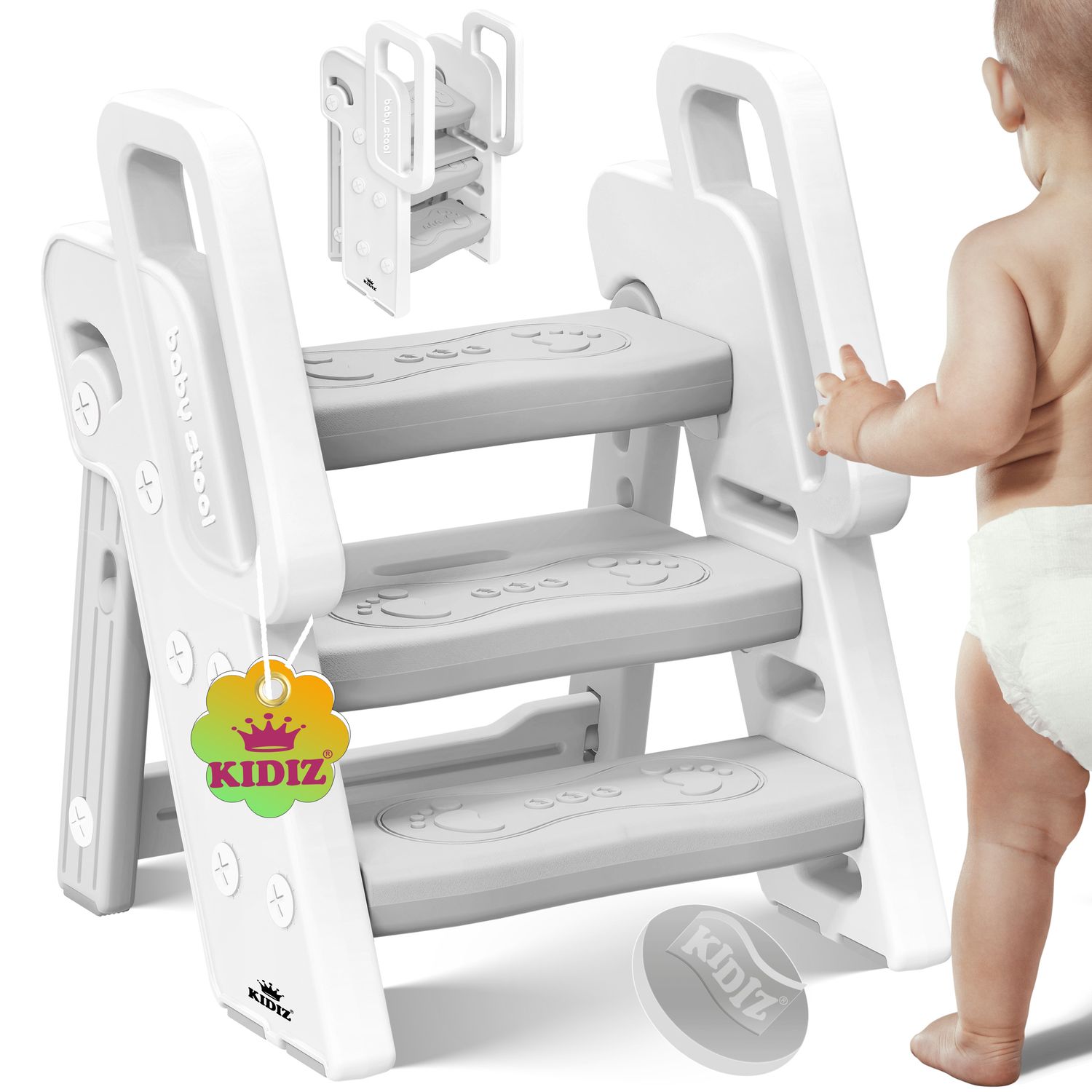 KIDIZ&reg; Tritthocker f&uuml;r Kinder Trittleiter Klappbar mit 3 Stufen | Faltbarer Lern-Turm ab 18 Monaten bis 6 Jahren | Robust | Sicherer & Stabiler Trittschemel | H&ouml;henverstellbar Rutschfest - Bild 1