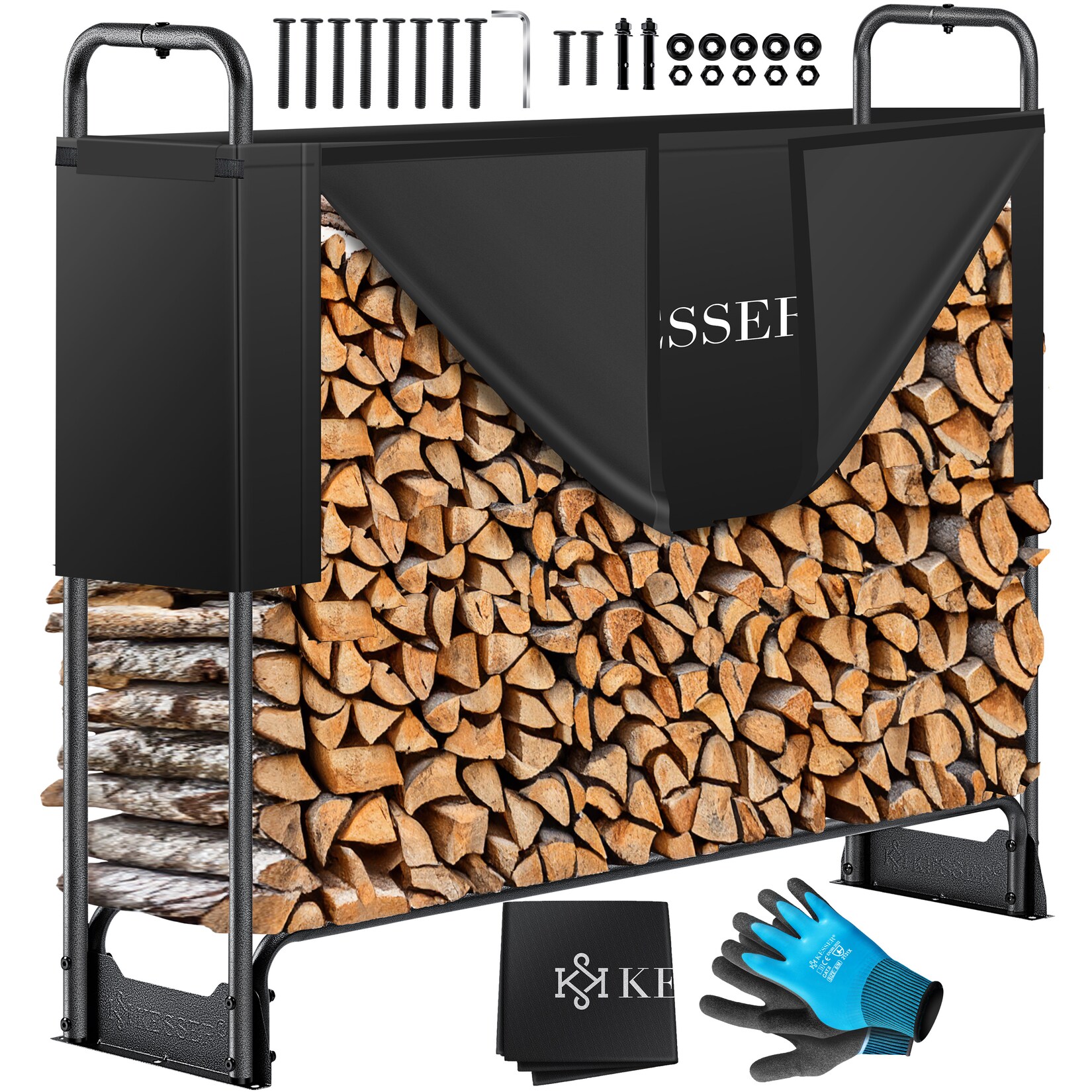 KESSER® Kaminholzregal Metall Brennholzregal außen Stahlrahmen + Abdeckung & Handschuhe Kaminholzunterstand 200kg Wasserdichter Holzlager Holzstapelhilfe für Garten Terrasse