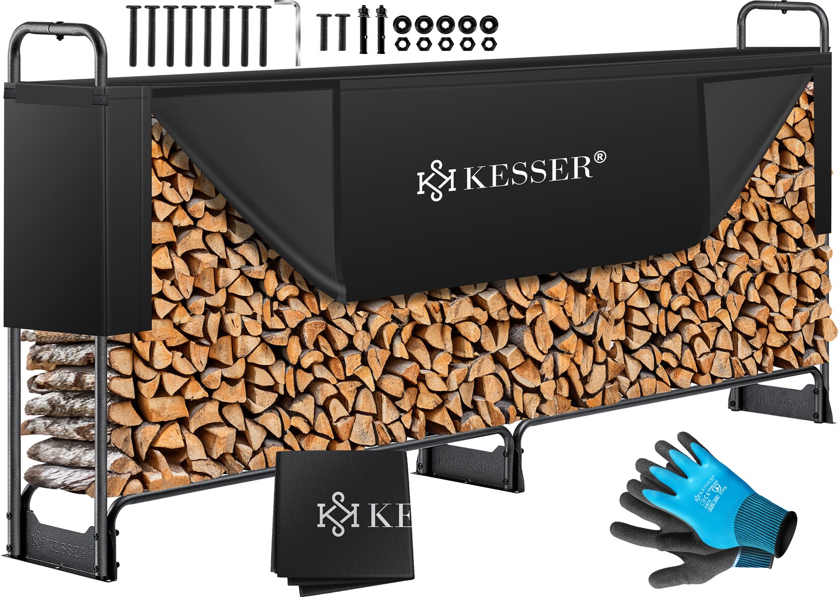 KESSER® Kaminholzregal Metall Brennholzregal außen Stahlrahmen + Abdeckung & Handschuhe Kaminholzunterstand 200kg Wasserdichter Holzlager Holzstapelhilfe für Garten Terrasse