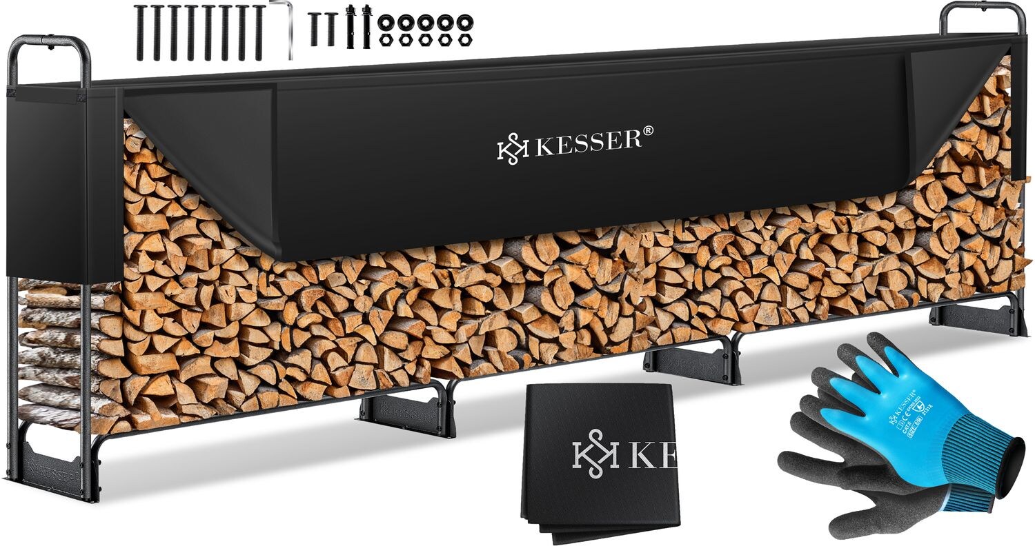KESSER® Kaminholzregal Metall Brennholzregal außen Stahlrahmen + Abdeckung & Handschuhe Kaminholzunterstand 200kg Wasserdichter Holzlager Holzstapelhilfe für Garten Terrasse | 04255598310949