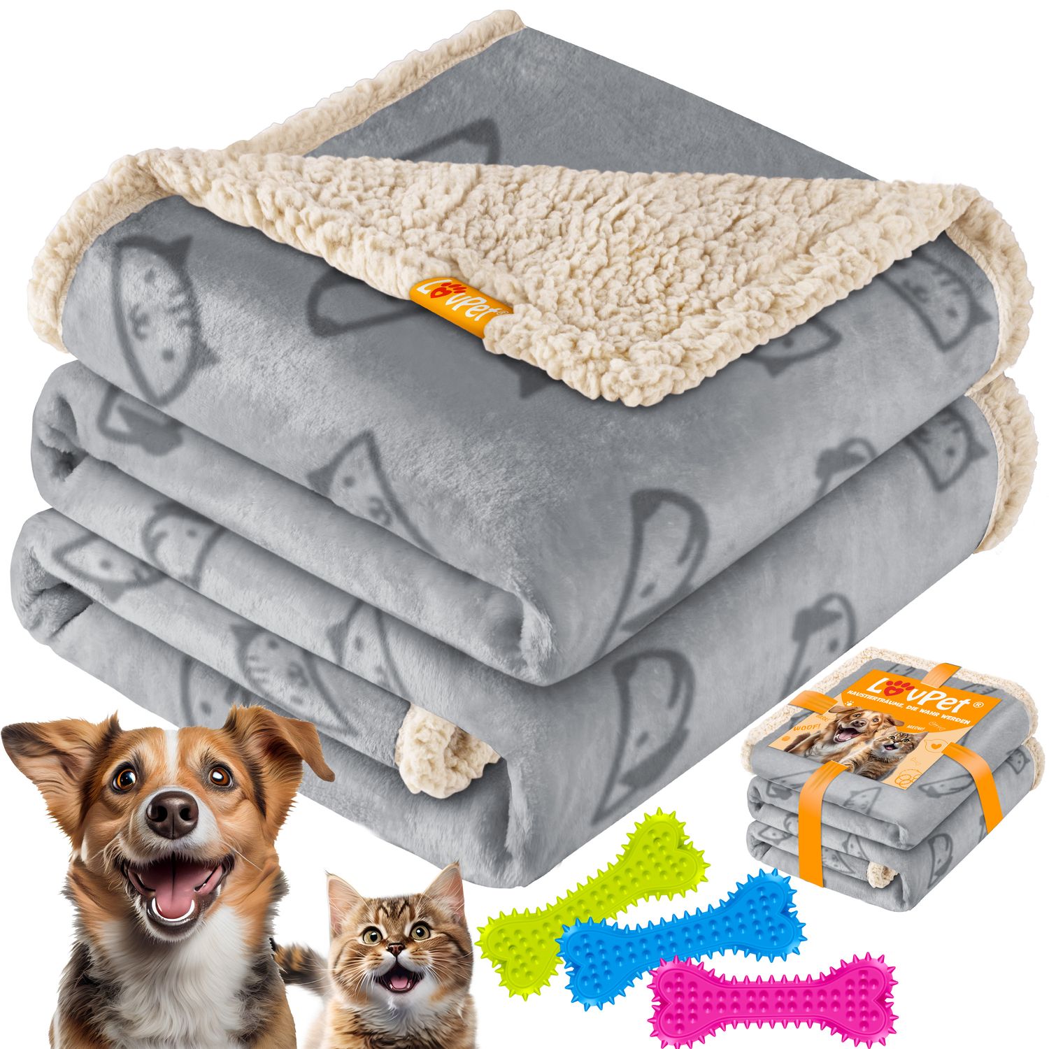 LOVPET&reg; wasserdichte Hundedecke, Sherpa Fleece Haustier Decke + 3x Spielzeugknochen, maschinenwaschbar, beidseitiger Sofabezug-Schutz - Bild 1