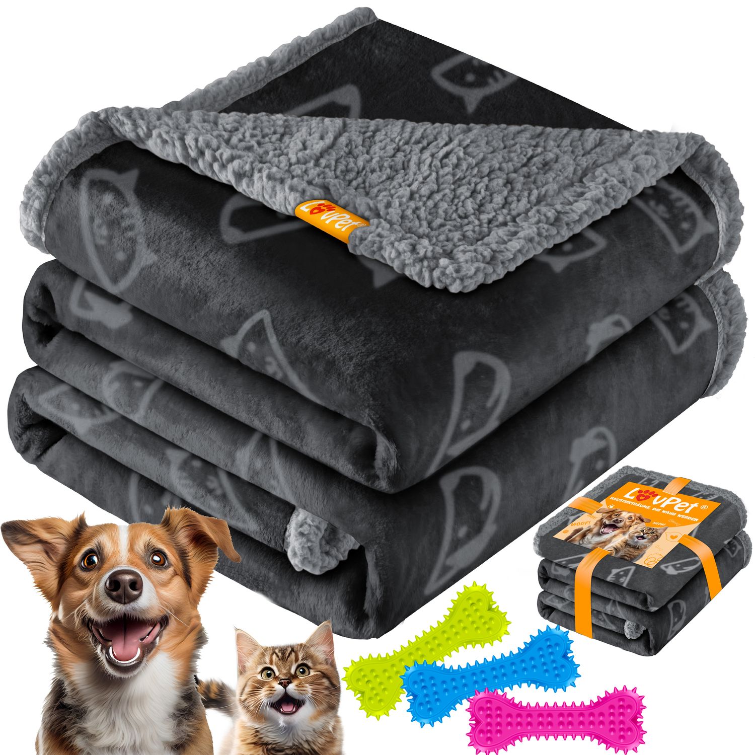 LOVPET&reg; wasserdichte Hundedecke, Sherpa Fleece Haustier Decke + 3x Spielzeugknochen, maschinenwaschbar, beidseitiger Sofabezug-Schutz - Bild 1