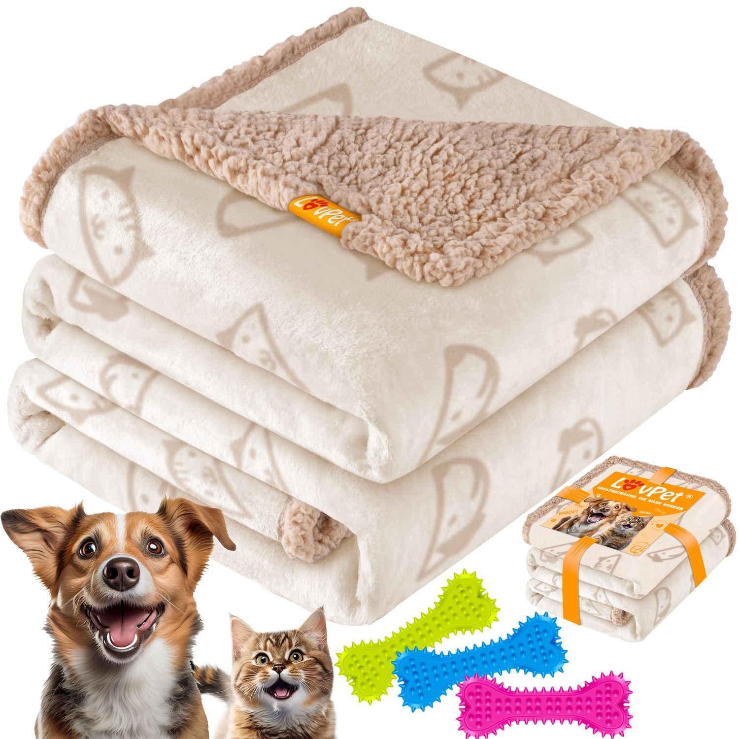 LOVPET&reg; wasserdichte Hundedecke, Sherpa Fleece Haustier Decke + 3x Spielzeugknochen, maschinenwaschbar, beidseitiger Sofabezug-Schutz - Bild 1