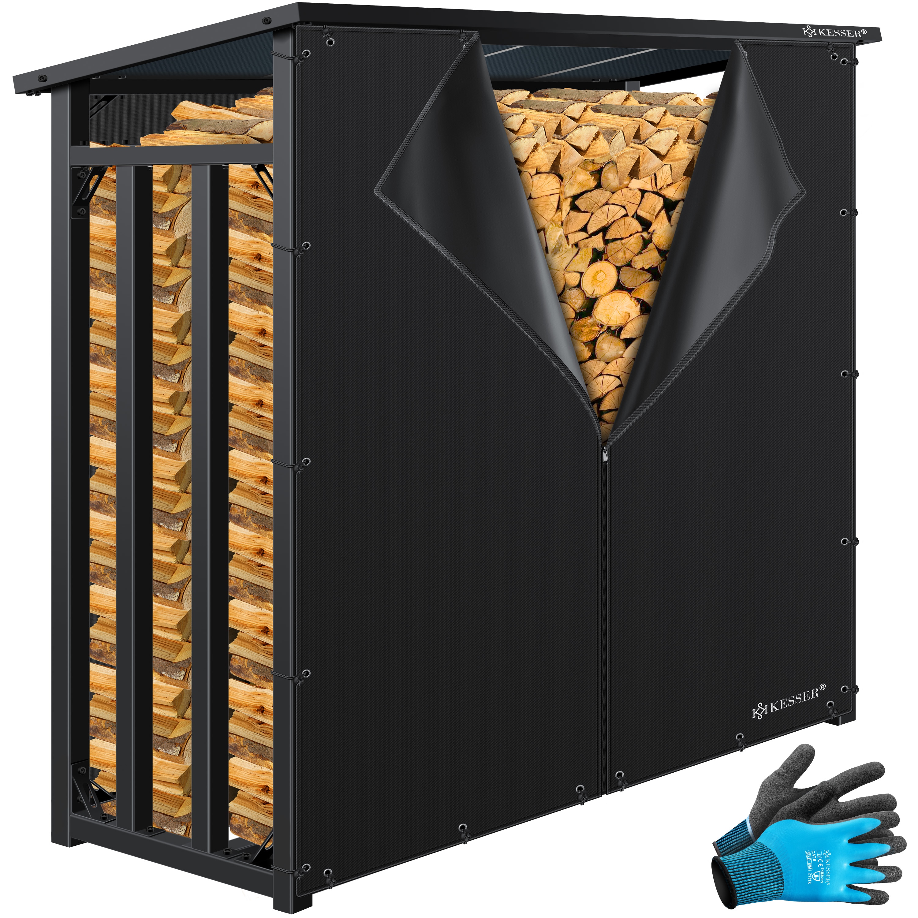 KESSER&reg; Kaminholzregal Metall 188 x 70 x 185 cm Brennholzregal 3,3 SRM / 2,3m&sup3; | au&szlig;en Stahlrahmen + Abdeckung & Handschuhe Stapelhilfe Kaminholzlager Wasserdichter Holzlager f&uuml;r Garten Terrasse - Bild 1