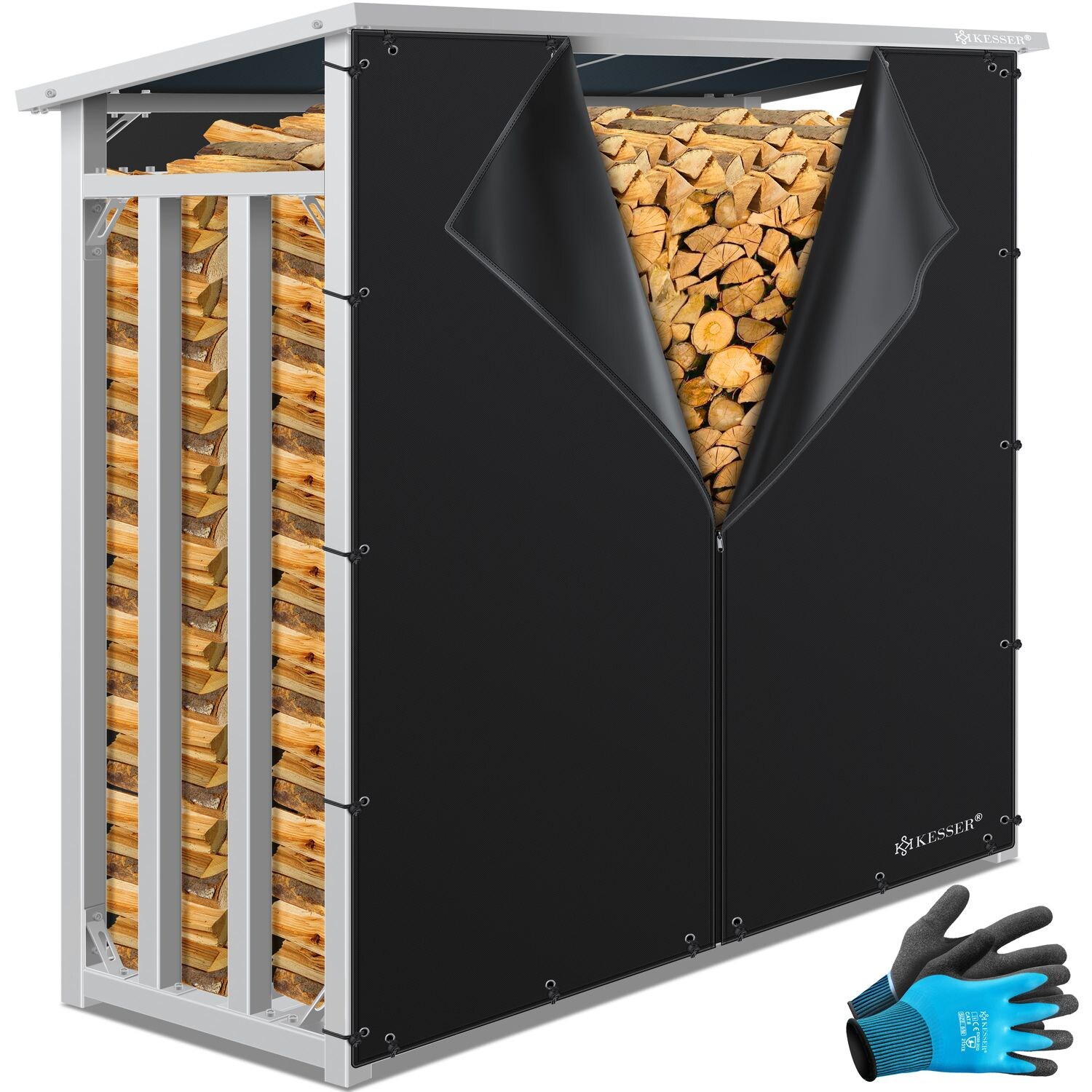KESSER® Kaminholzregal Metall 188 x 70 x 185 cm Brennholzregal 3,3 SRM / 2,3m³   außen Stahlrahmen + Abdeckung & Handschuhe Stapelhilfe Kaminholzlager Wasserdichter Holzlager für Garten Terrasse | 04255598319102