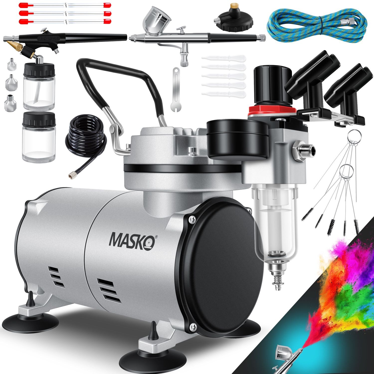 MASKO® Airbrush-Set mit Kompressor 4 bar inkl. Airbrush-Pistolen   Lackierpistole Komplett-Set Tattoo Kunst Malerei   Nadeln & Düsen im Zubehör   Multifunktions Dual-Set mit Manomter & Luftfilter | 04255598312929