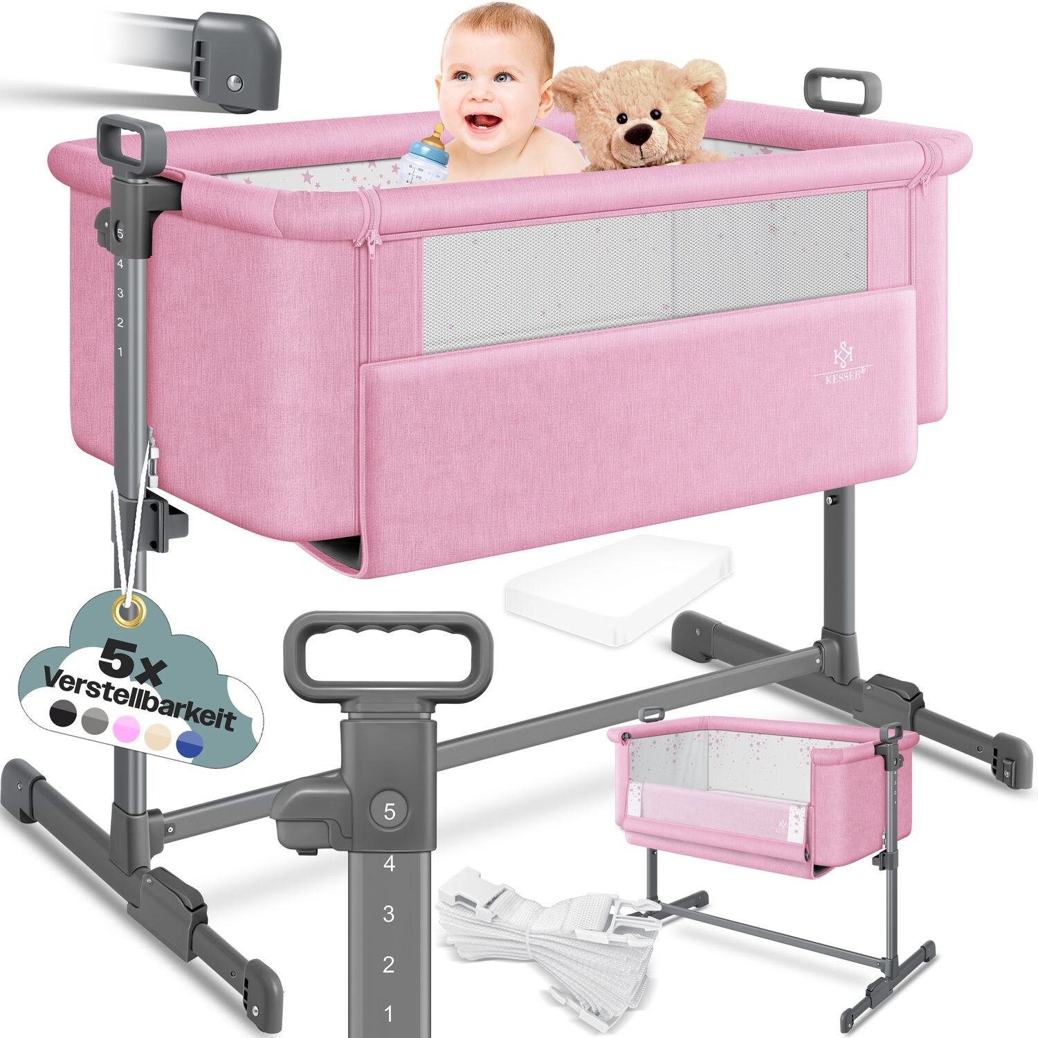 KESSER® Zustellbett Hubi 3in1 Baby Beistellbett Reisebett Babybett mit weich Matratze, mit Rollen Kinderbett, 5-fach Höhenverstellung, Faltbare Seitenwand für zu Hause und unterwegs | 04255598310987