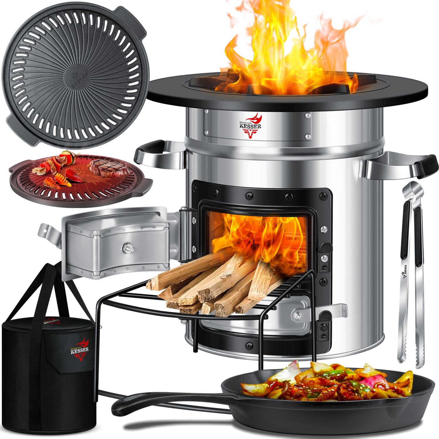 KESSER® Raketenofen Inkl. Grillpfanne aus Gusseisen mit Tragetasche, Dutch Oven BBQ Rakete Holzofen Camping Campingkocher Campinggrill, Edelstahl | 04255598318983