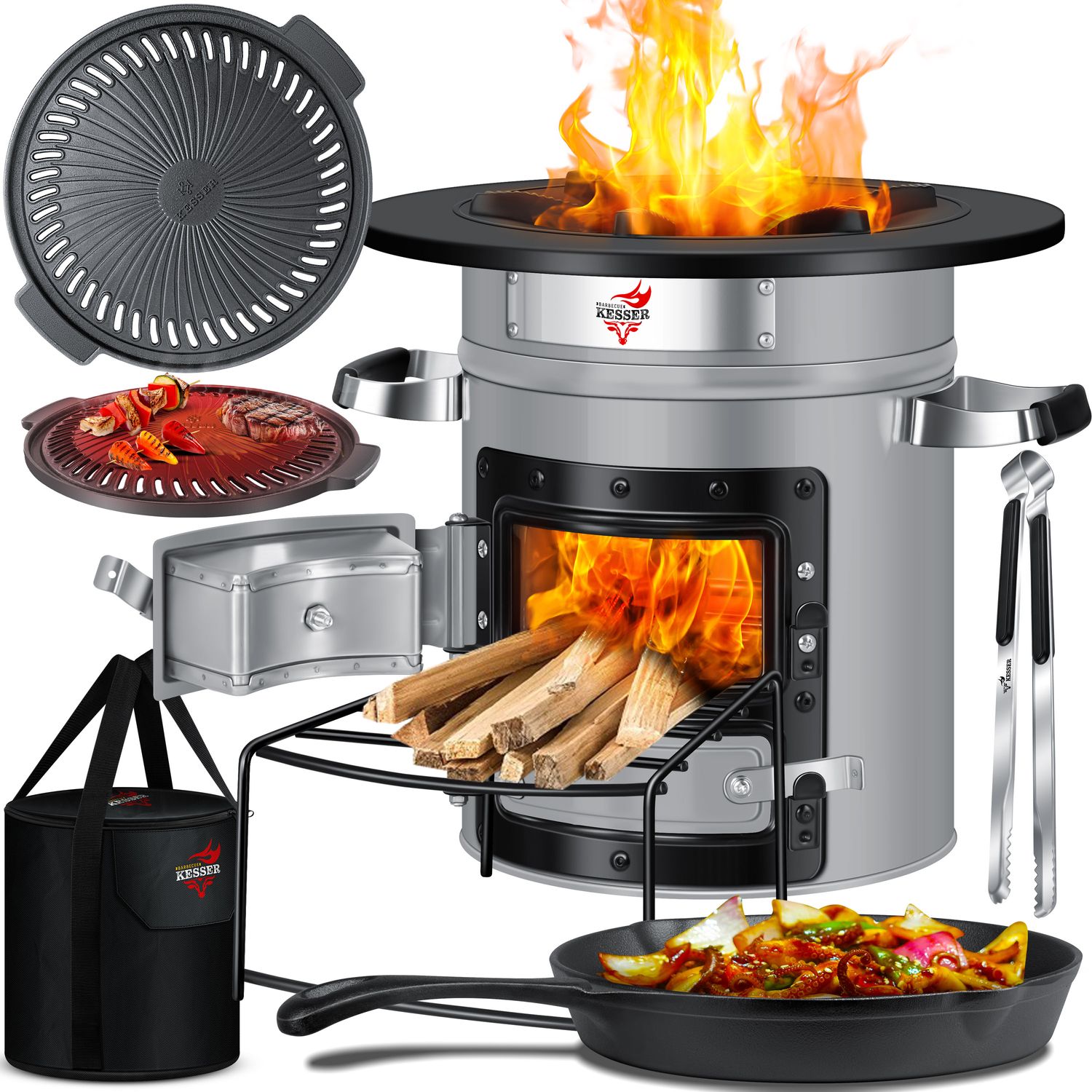 KESSER&reg; Raketenofen Inkl. Grillpfanne aus Gusseisen mit Tragetasche, Dutch Oven BBQ Rakete Holzofen Camping Campingkocher Campinggrill, Edelstahl - Bild 1