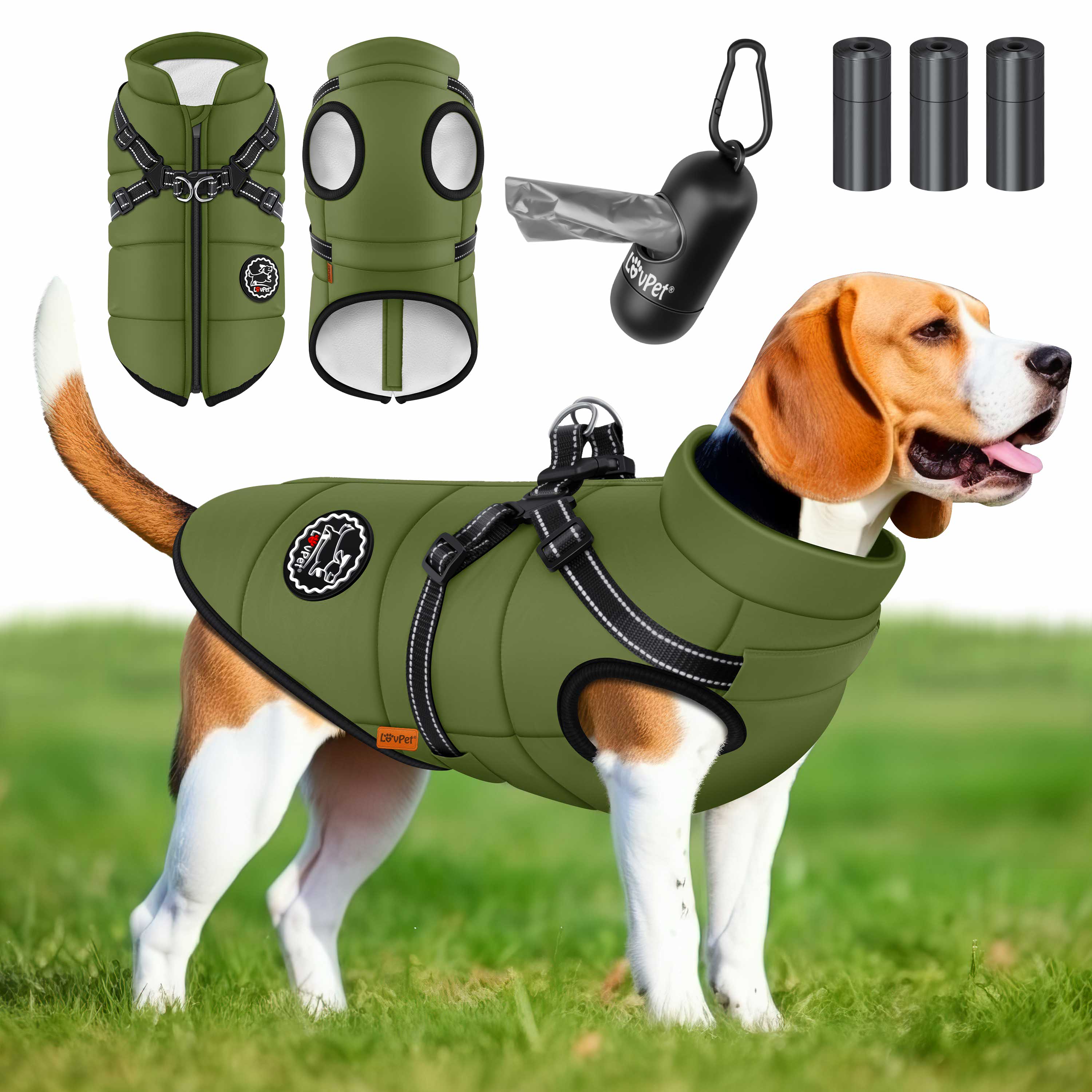 LOVPET&reg; Hundejacke Hundemantel mit Geschirr, inkl. 45 St&uuml;ck Kotbeutel + Spender, Hunde Winterweste gef&uuml;ttert wasserdicht, Gepolsterte Weste Mit Brustgurt, Reflektoren, D-Ring - Bild 1