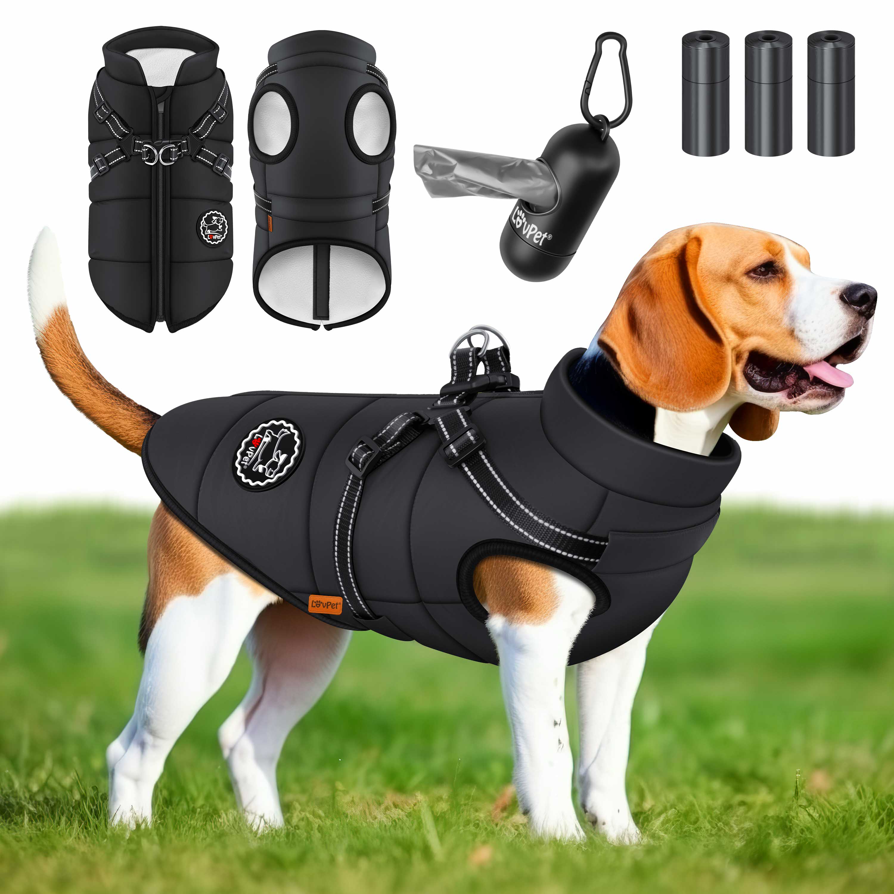 LOVPET&reg; Hundejacke Hundemantel mit Geschirr, inkl. 45 St&uuml;ck Kotbeutel + Spender, Hunde Winterweste gef&uuml;ttert wasserdicht, Gepolsterte Weste Mit Brustgurt, Reflektoren, D-Ring - Bild 1