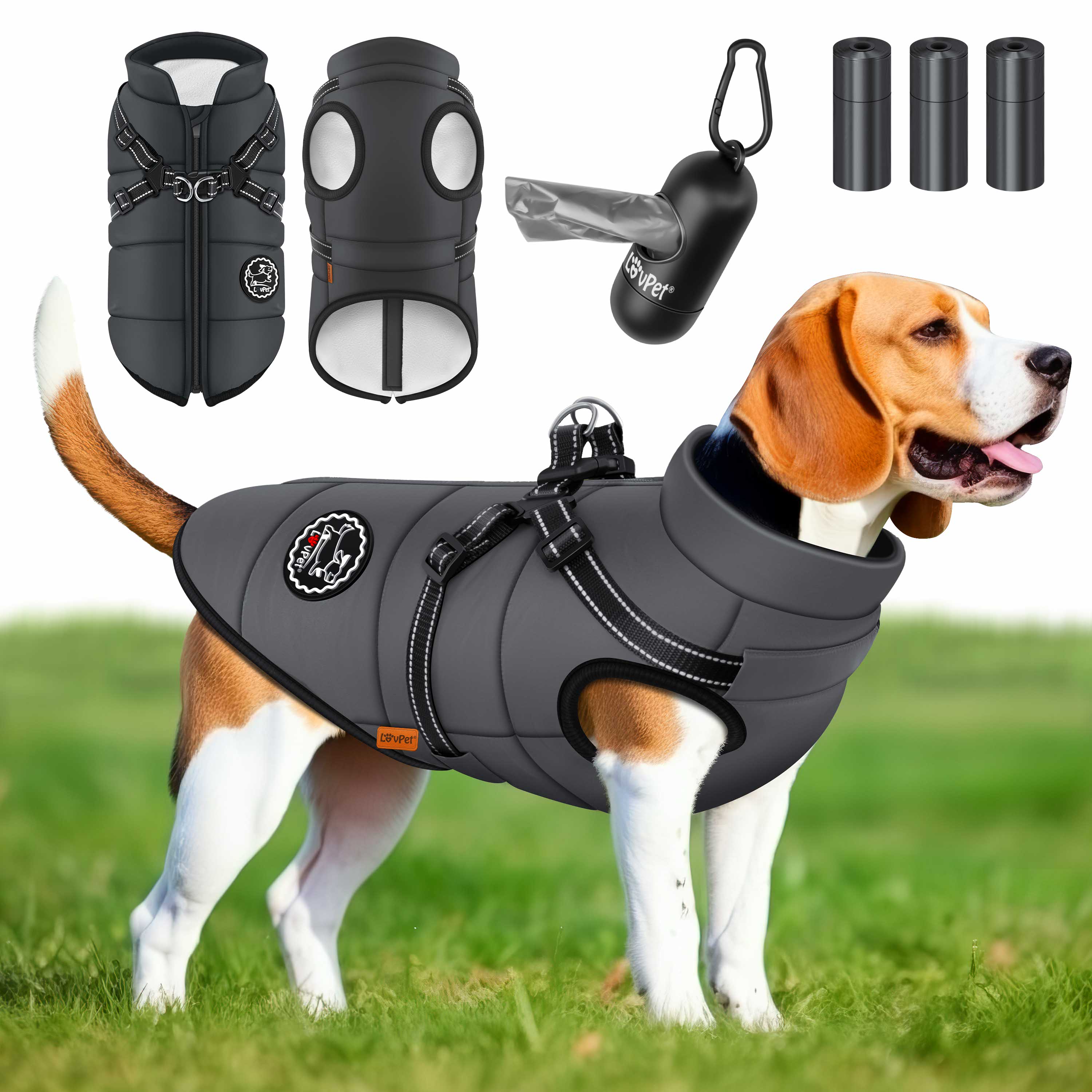 LOVPET&reg; Hundejacke Hundemantel mit Geschirr, inkl. 45 St&uuml;ck Kotbeutel + Spender, Hunde Winterweste gef&uuml;ttert wasserdicht, Gepolsterte Weste Mit Brustgurt, Reflektoren, D-Ring - Bild 1