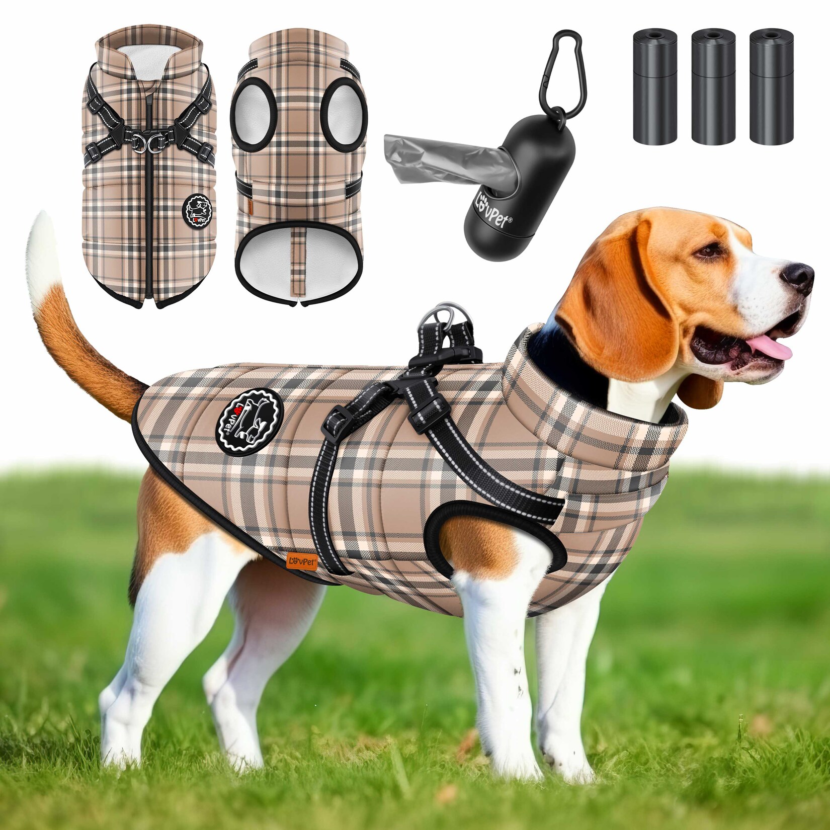 LOVPET® Hundejacke Hundemantel mit Geschirr, inkl. 45 Stück Kotbeutel + Spender, Hunde Winterweste gefüttert wasserdicht, Gepolsterte Weste Mit Brustgurt, Reflektoren, D-Ring | 04255598315852