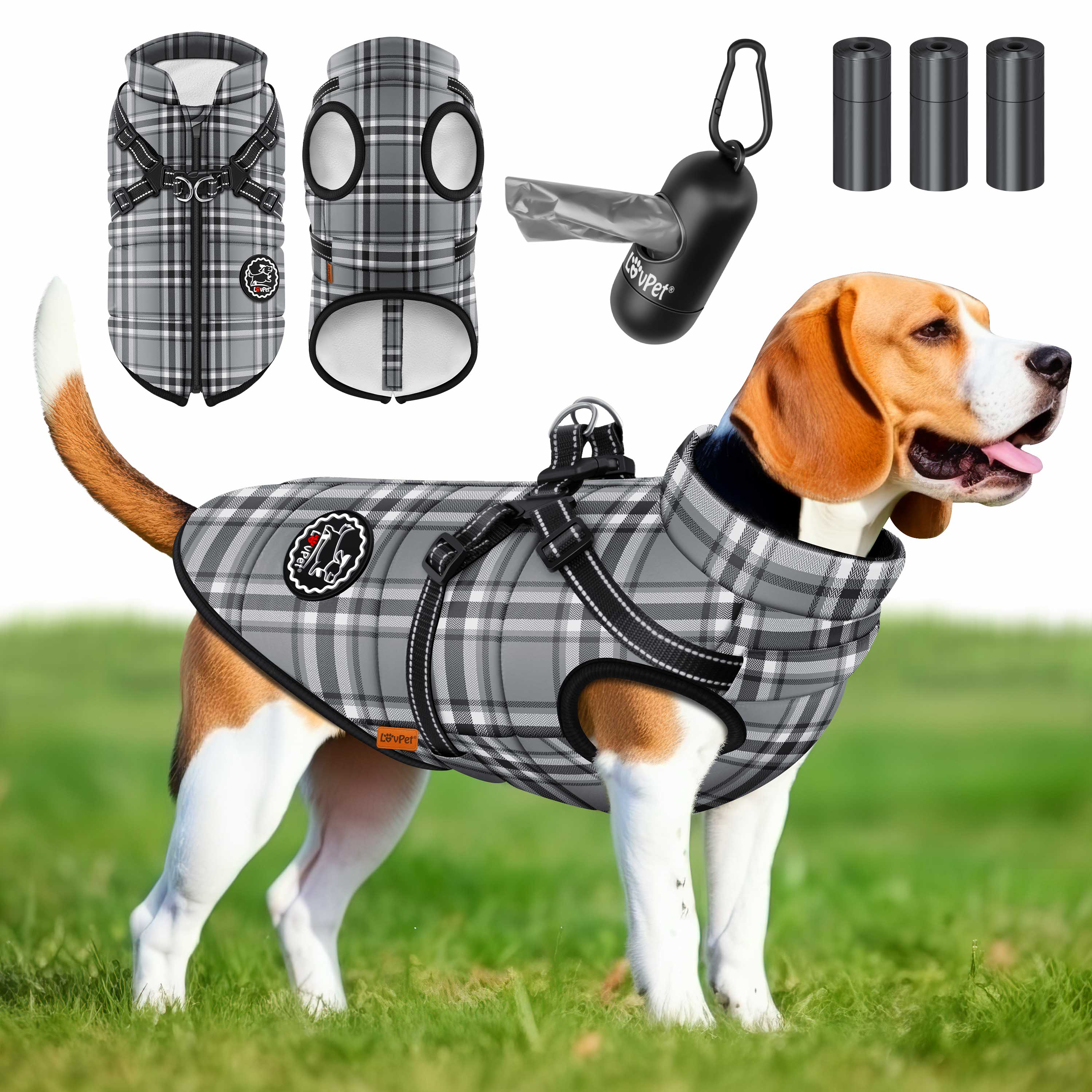 LOVPET&reg; Hundejacke Hundemantel mit Geschirr, inkl. 45 St&uuml;ck Kotbeutel + Spender, Hunde Winterweste gef&uuml;ttert wasserdicht, Gepolsterte Weste Mit Brustgurt, Reflektoren, D-Ring - Bild 1