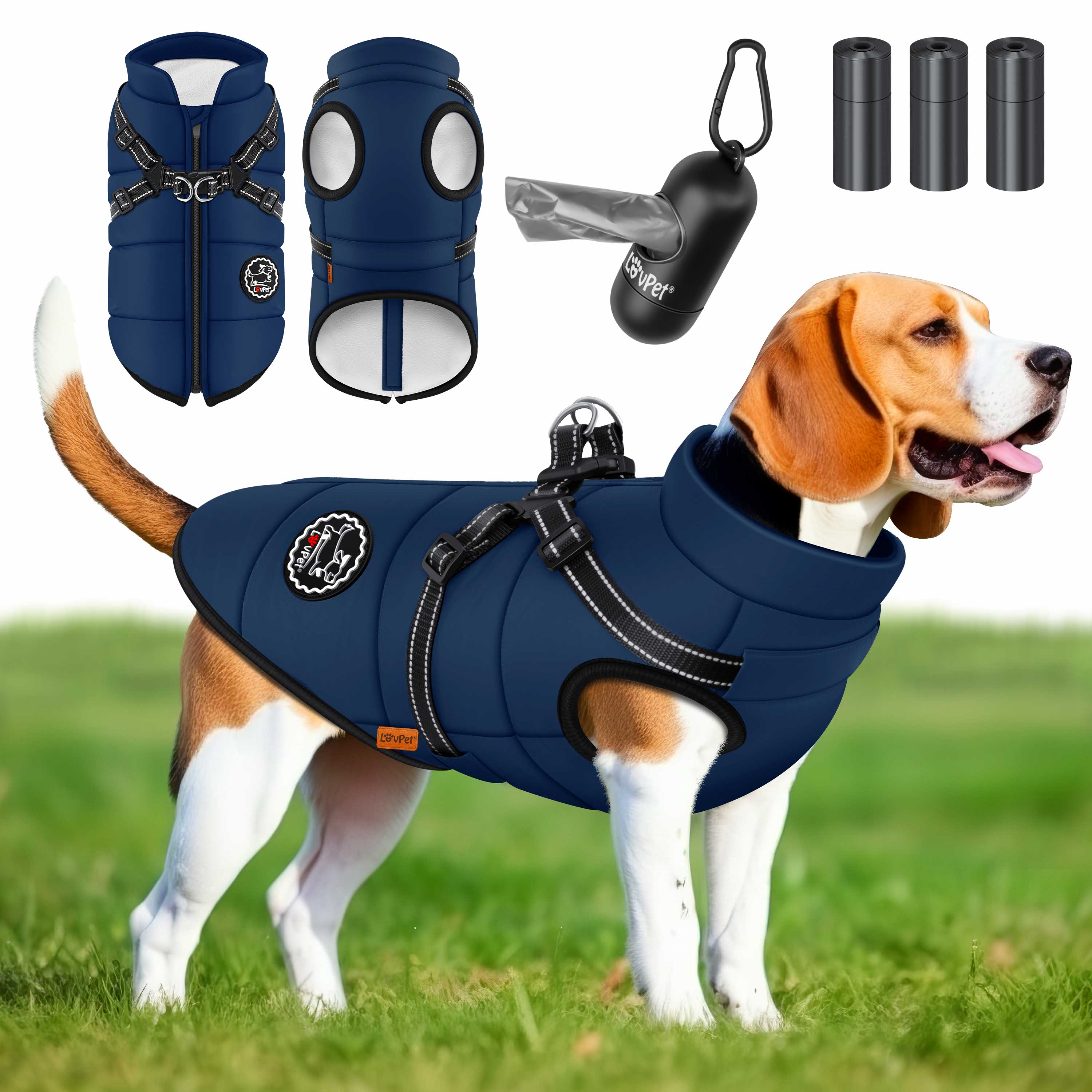 LOVPET&reg; Hundejacke Hundemantel mit Geschirr, inkl. 45 St&uuml;ck Kotbeutel + Spender, Hunde Winterweste gef&uuml;ttert wasserdicht, Gepolsterte Weste Mit Brustgurt, Reflektoren, D-Ring - Bild 1