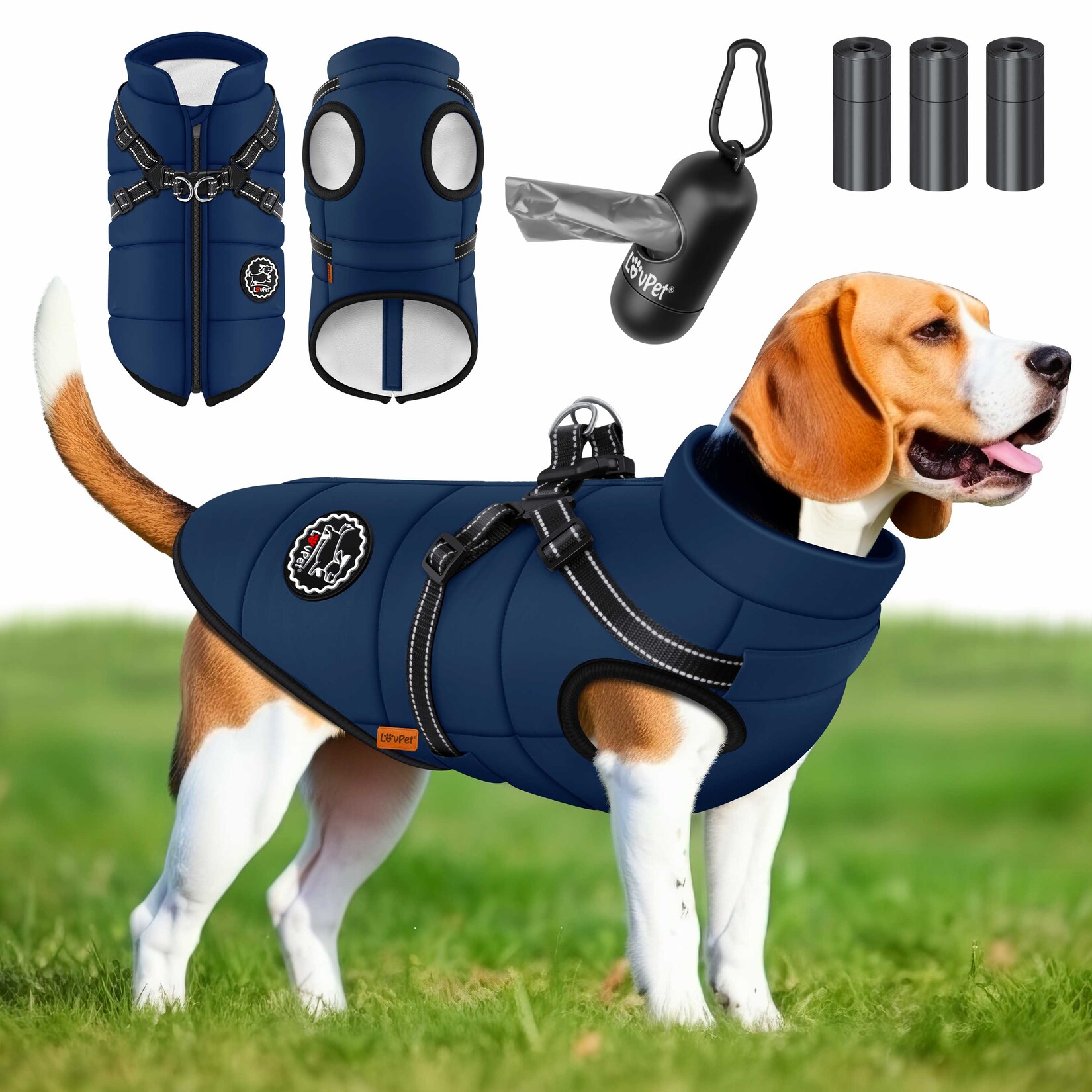 LOVPET® Hundejacke Hundemantel mit Geschirr, inkl. 45 Stück Kotbeutel + Spender, Hunde Winterweste gefüttert wasserdicht, Gepolsterte Weste Mit Brustgurt, Reflektoren, D-Ring