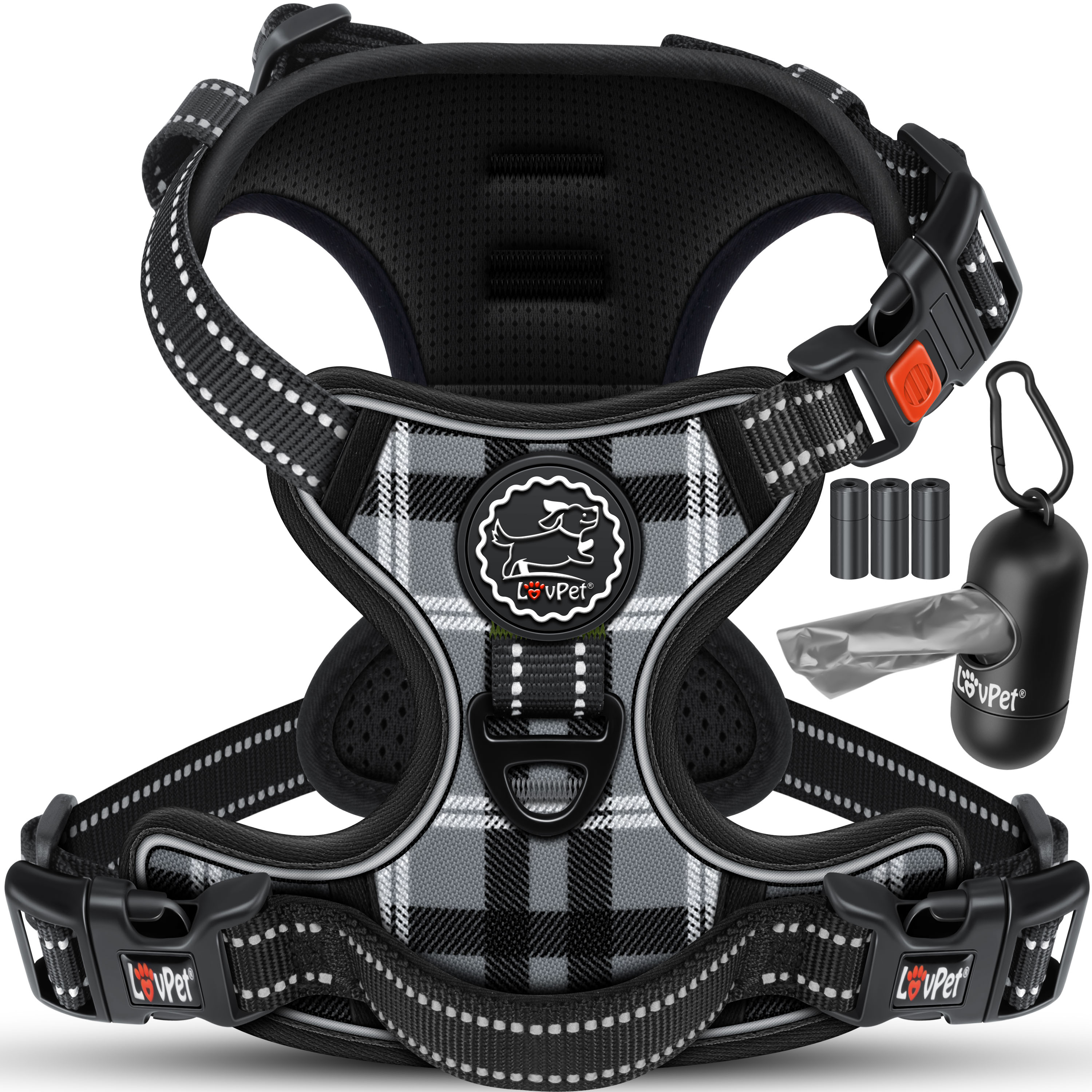 Lovpet&reg; Hundegeschirr ohne Zug & w&uuml;rgen f&uuml;r Hunde & Welpen | atmungsaktiv & weich Brustgeschirr reflektierend | No-Pull-Geschirr inkl. Beutelrollen | Verstellbares Geschirr mit Griff - Bild 1