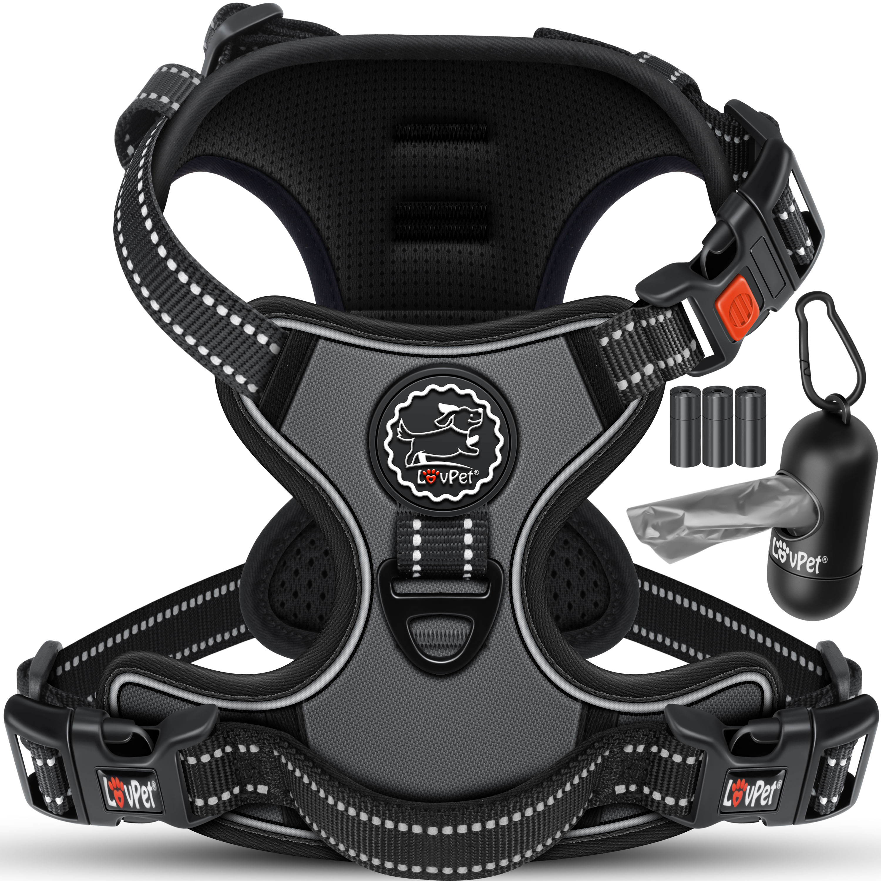 Lovpet&reg; Hundegeschirr ohne Zug & w&uuml;rgen f&uuml;r Hunde & Welpen | atmungsaktiv & weich Brustgeschirr reflektierend | No-Pull-Geschirr inkl. Beutelrollen | Verstellbares Geschirr mit Griff - Bild 1