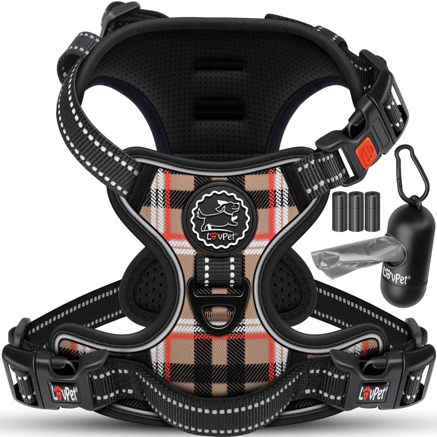 Lovpet&reg; Hundegeschirr ohne Zug & w&uuml;rgen f&uuml;r Hunde & Welpen | atmungsaktiv & weich Brustgeschirr reflektierend | No-Pull-Geschirr inkl. Beutelrollen | Verstellbares Geschirr mit Griff - Bild 1