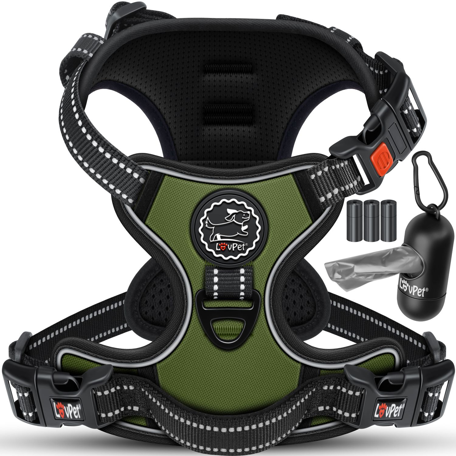 Lovpet&reg; Hundegeschirr ohne Zug & w&uuml;rgen f&uuml;r Hunde & Welpen | atmungsaktiv & weich Brustgeschirr reflektierend | No-Pull-Geschirr inkl. Beutelrollen | Verstellbares Geschirr mit Griff - Bild 1