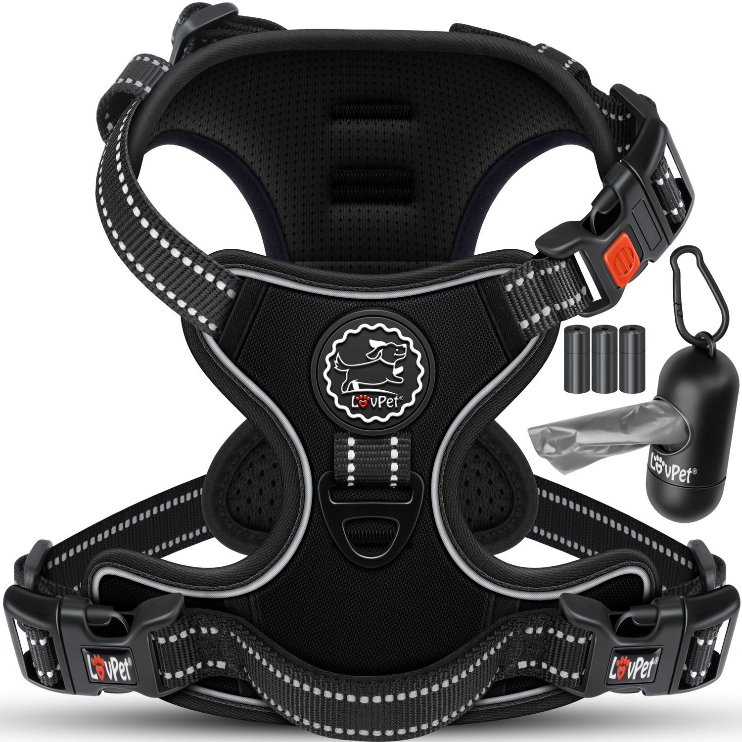 Lovpet&reg; Hundegeschirr ohne Zug & w&uuml;rgen f&uuml;r Hunde & Welpen | atmungsaktiv & weich Brustgeschirr reflektierend | No-Pull-Geschirr inkl. Beutelrollen | Verstellbares Geschirr mit Griff - Bild 1