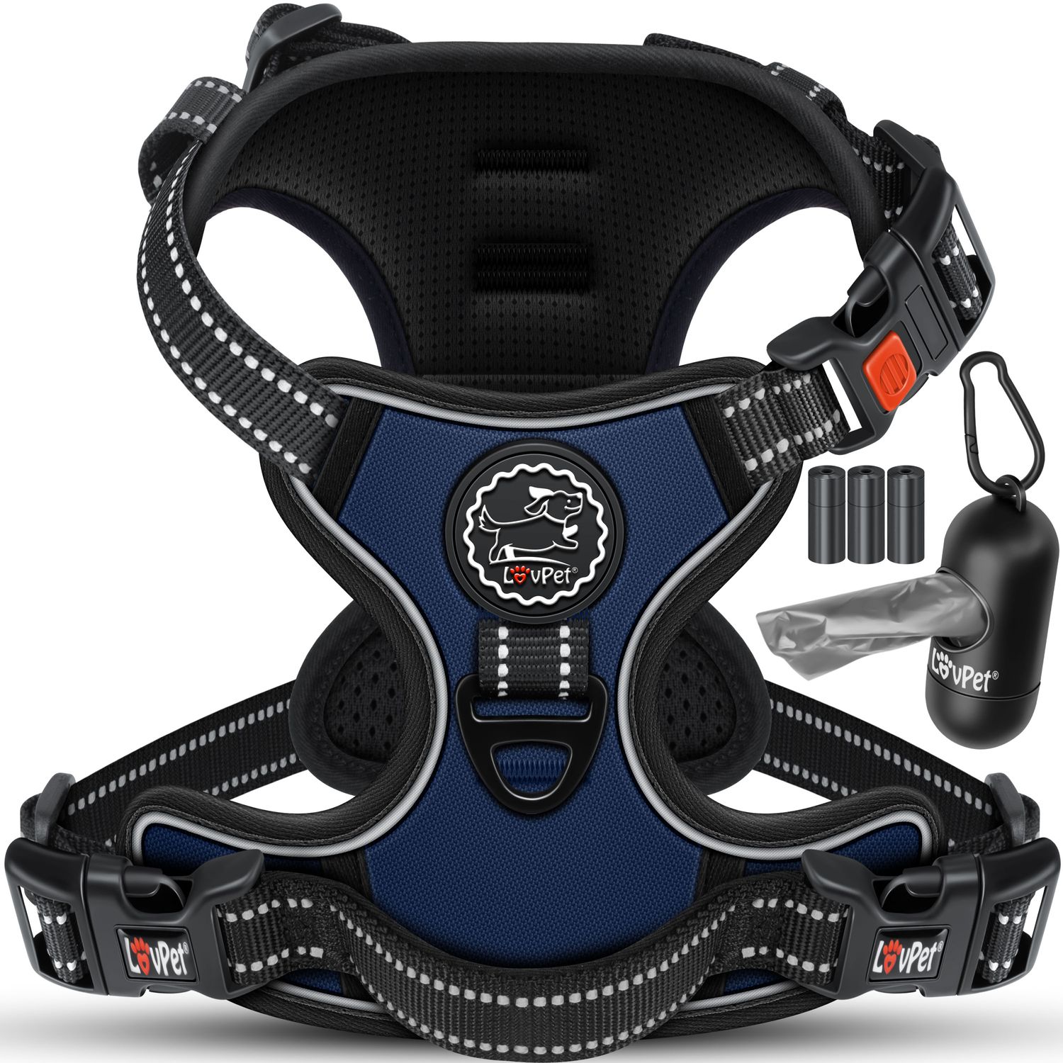 Lovpet&reg; Hundegeschirr ohne Zug & w&uuml;rgen f&uuml;r Hunde & Welpen | atmungsaktiv & weich Brustgeschirr reflektierend | No-Pull-Geschirr inkl. Beutelrollen | Verstellbares Geschirr mit Griff - Bild 1