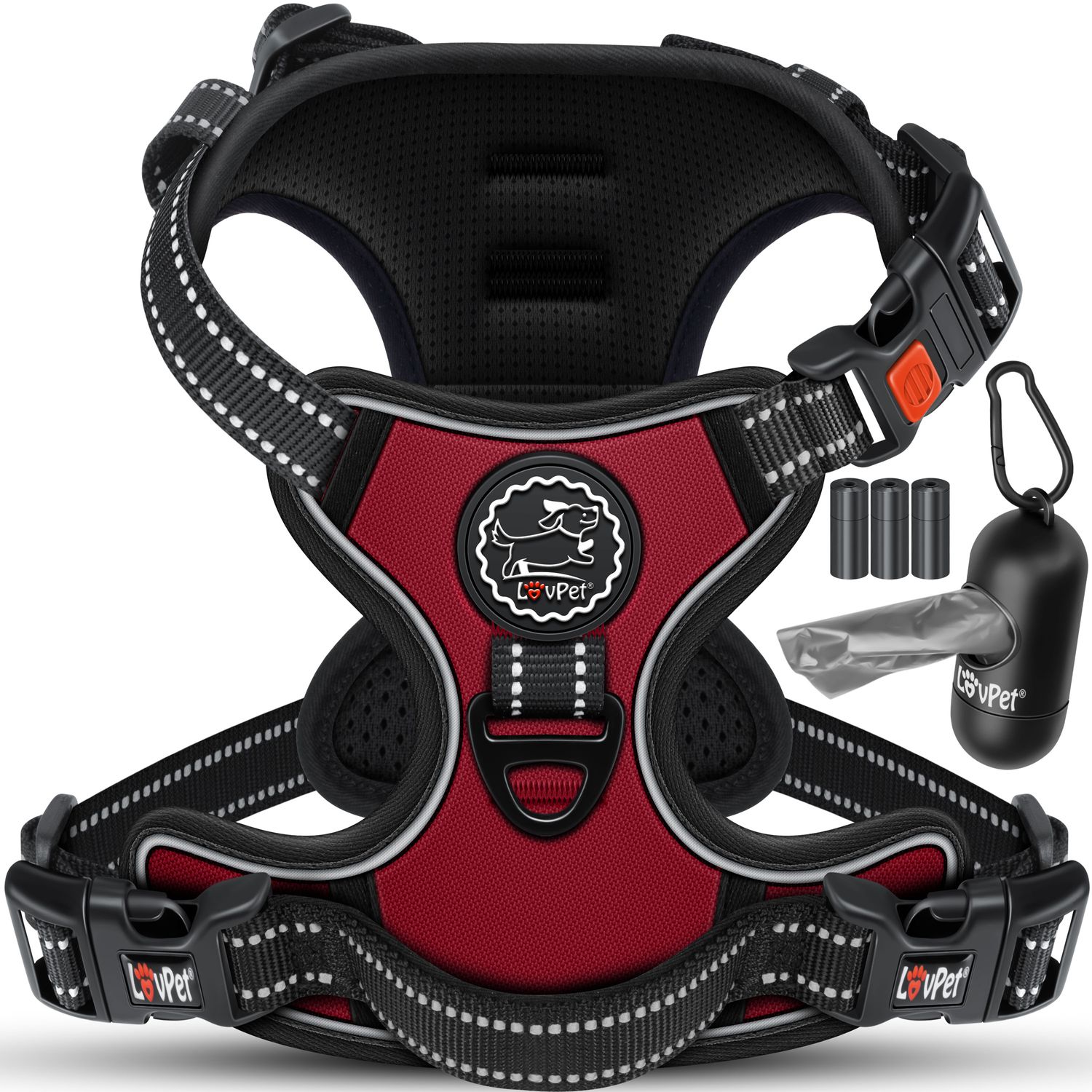 Lovpet&reg; Hundegeschirr ohne Zug & w&uuml;rgen f&uuml;r Hunde & Welpen | atmungsaktiv & weich Brustgeschirr reflektierend | No-Pull-Geschirr inkl. Beutelrollen | Verstellbares Geschirr mit Griff - Bild 1