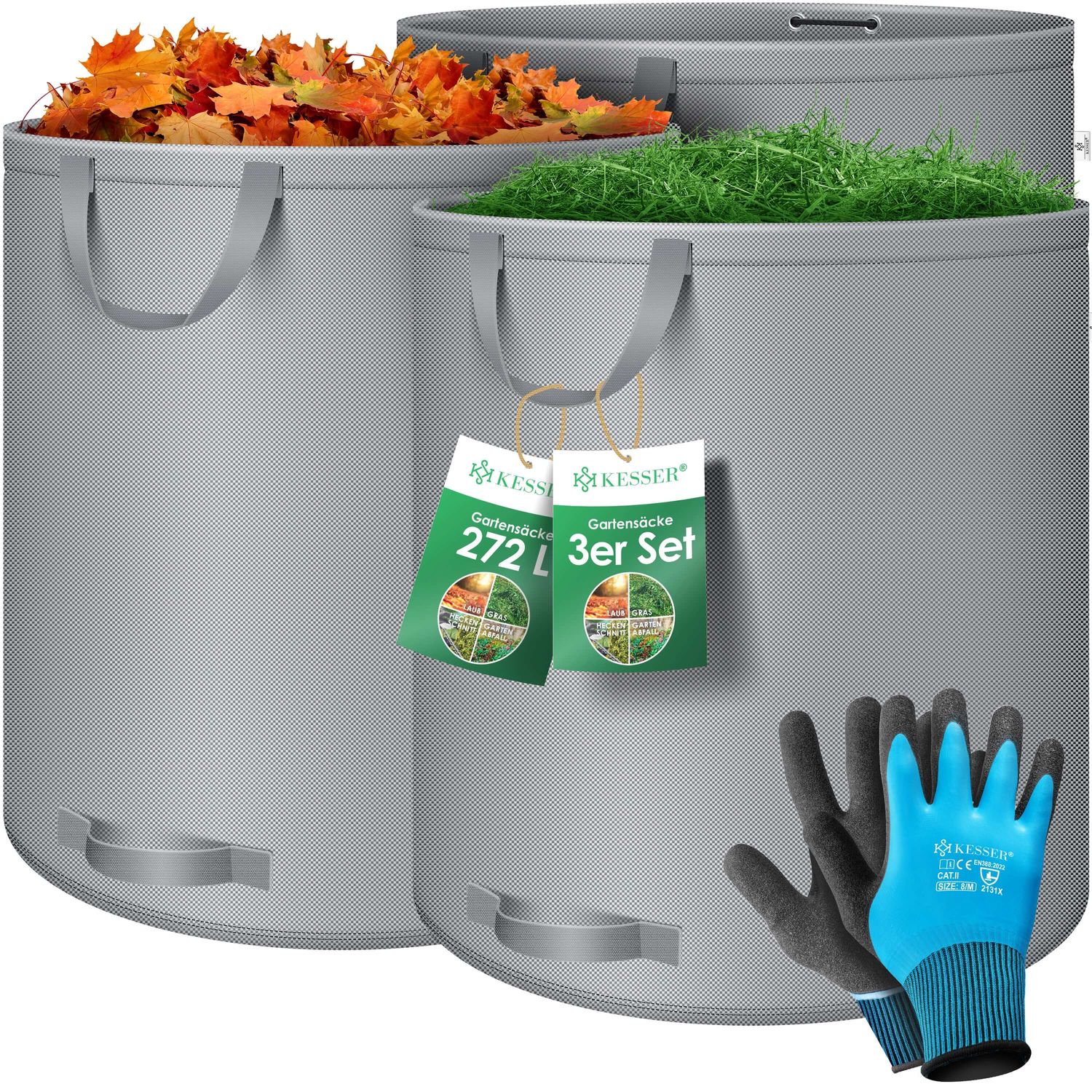 KESSER&reg; Gartensack Set Laubsack Gartenabfallsack inkl. Handschuhe - Selbststehend 4 Griffe Stabil Robust & Faltbar - Laubs&auml;cke Rasenschnitt Gartens&auml;cke f&uuml;r Gartenabf&auml;lle Gr&uuml;nschnitt - Bild 1