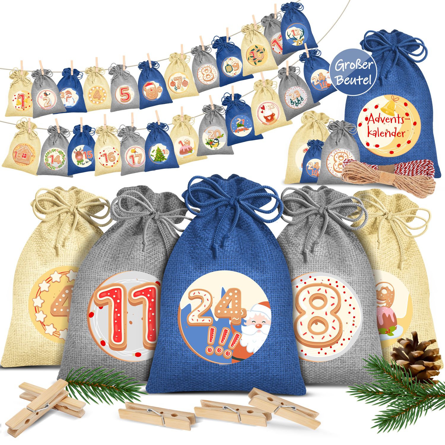 KESSER&reg; Adventskalender zum Bef&uuml;llen 24 Jutebeutel Gedruckte Stoffbeutel Kinder Weihnachtskalender zum Selber Bef&uuml;llen Inkl.. 24x Schildchen + 1 Gro&szlig;er Aufbewahrungsbeutel Stoff - Bild 1