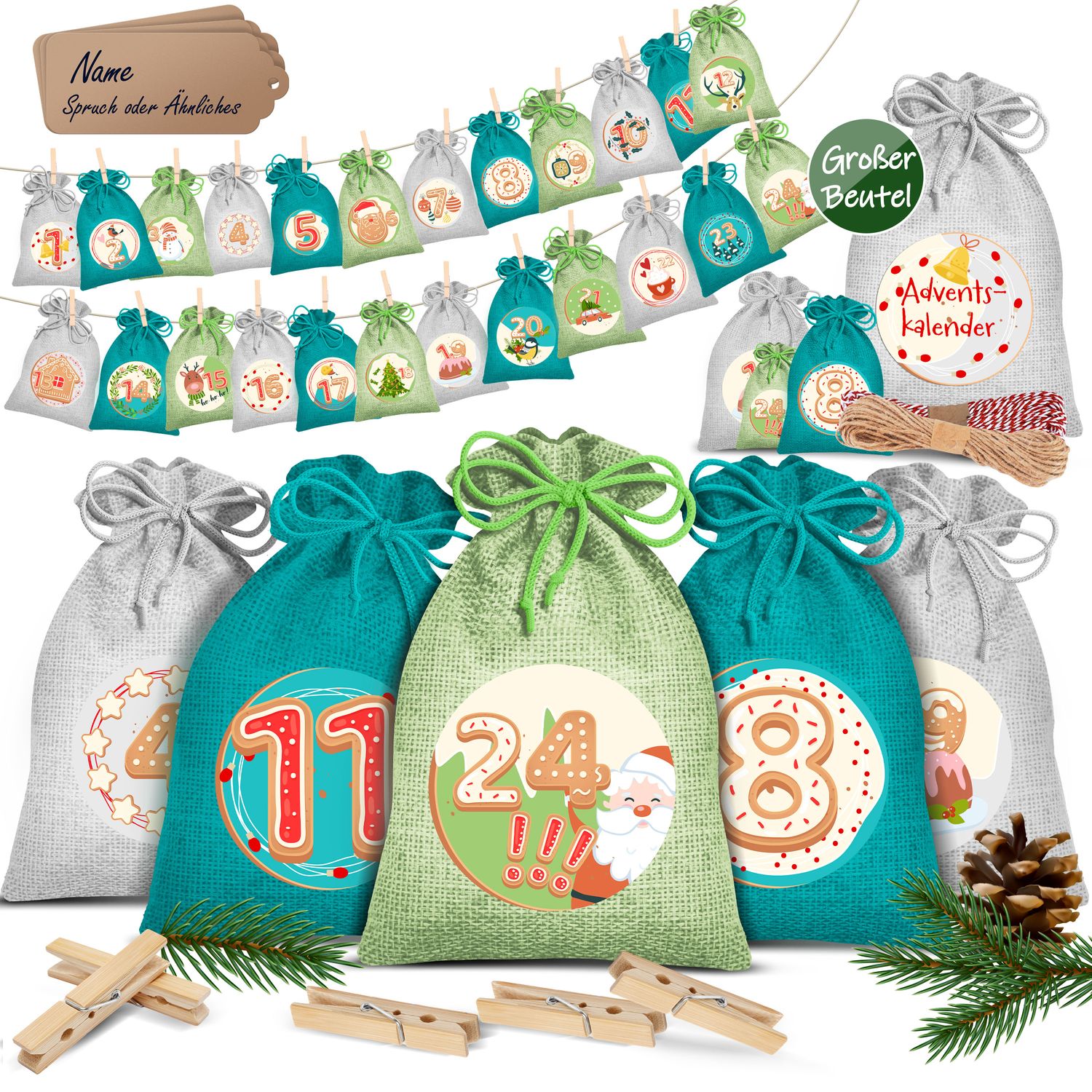 KESSER&reg; Adventskalender zum Bef&uuml;llen 24 Jutebeutel Gedruckte Stoffbeutel Kinder Weihnachtskalender zum Selber Bef&uuml;llen Inkl.. 24x Schildchen + 1 Gro&szlig;er Aufbewahrungsbeutel Stoff - Bild 1