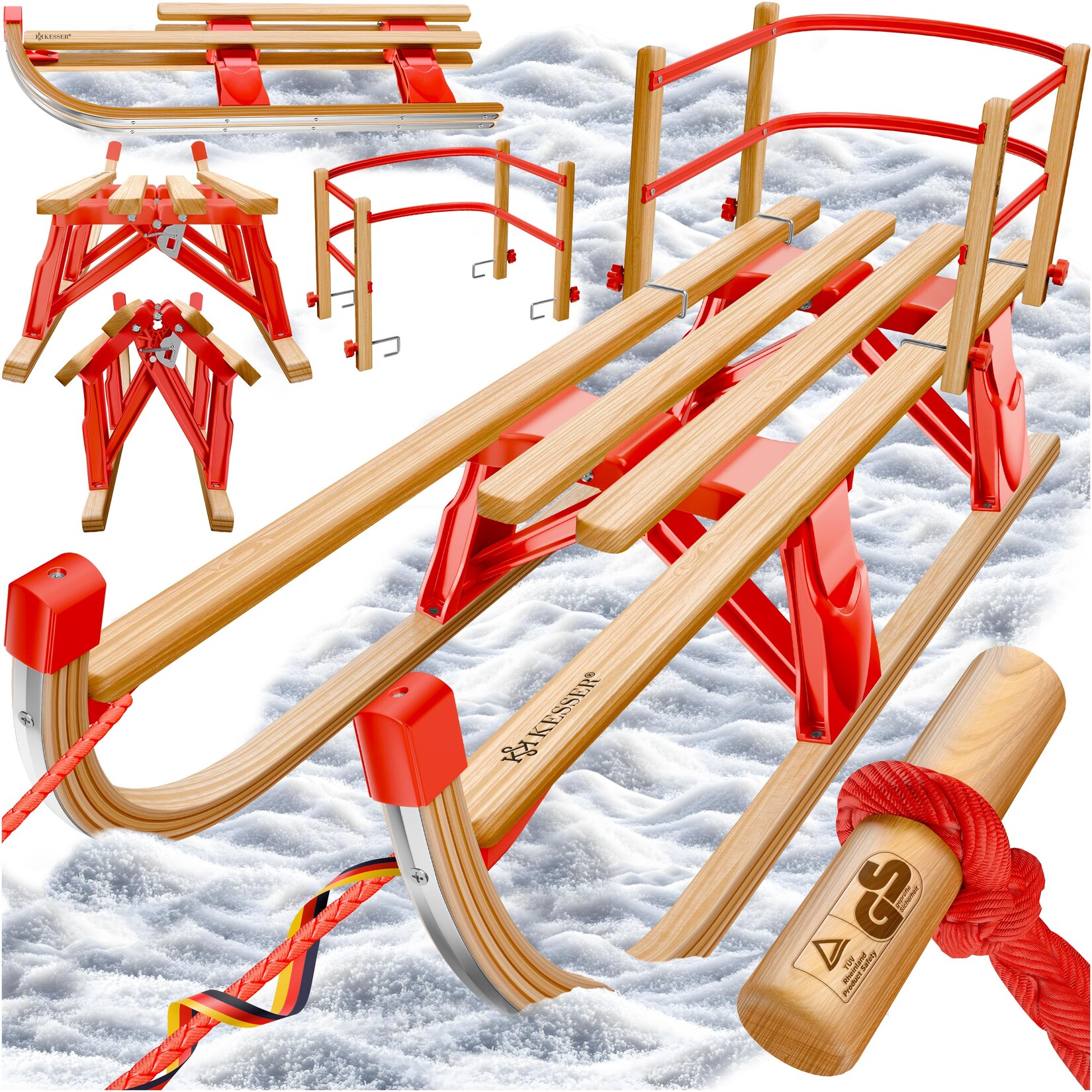 KESSER® Holzschlitten Premium Schlitten faltbar Kinder Faltschlitten Kinderschlitten aus Buchenholz inkl. Zugseil Schieber Metallkufen