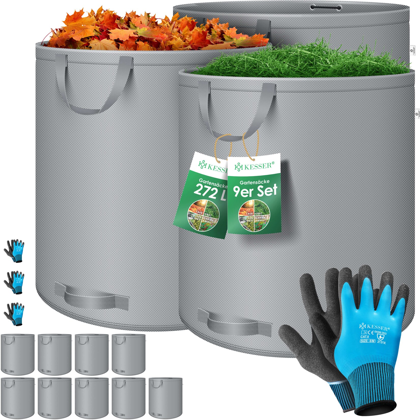 KESSER® Gartensack Set Laubsack Gartenabfallsack inkl. Handschuhe - Selbststehend 4 Griffe Stabil Robust & Faltbar - Laubsäcke Rasenschnitt Gartensäcke für Gartenabfälle Grünschnitt