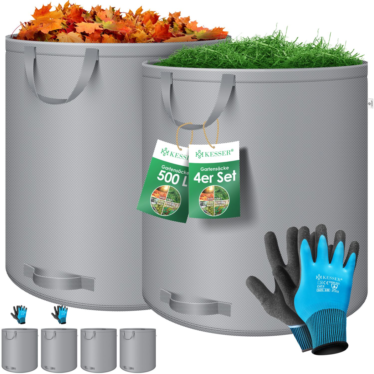 KESSER&reg; Gartensack Set Laubsack Gartenabfallsack inkl. Handschuhe - Selbststehend 4 Griffe Stabil Robust & Faltbar - Laubs&auml;cke Rasenschnitt Gartens&auml;cke f&uuml;r Gartenabf&auml;lle Gr&uuml;nschnitt - Bild 1
