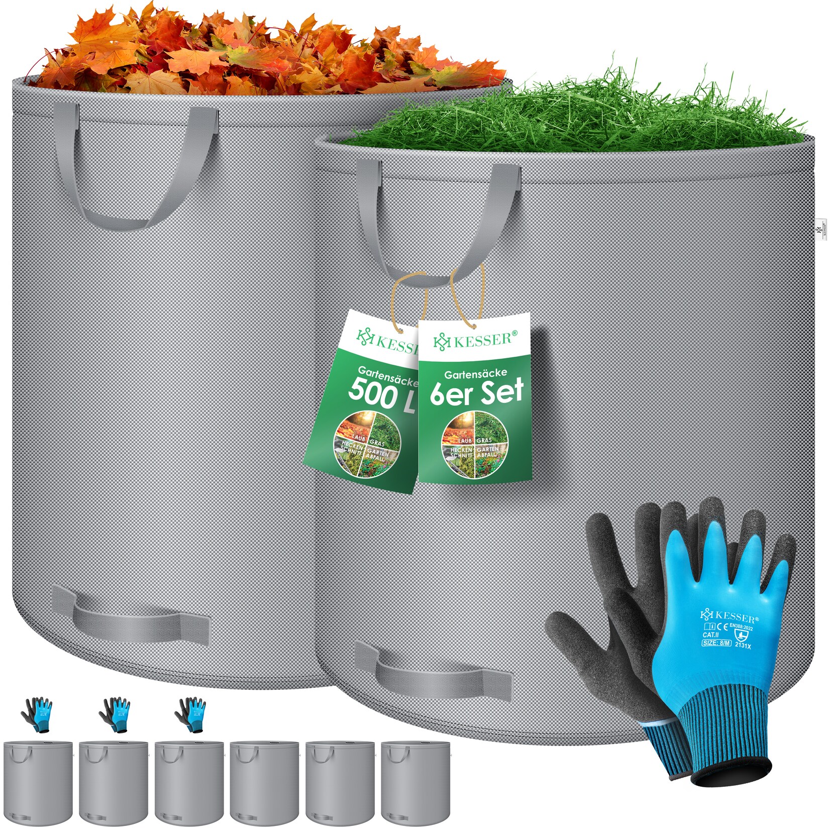 KESSER® Gartensack Set Laubsack Gartenabfallsack inkl. Handschuhe - Selbststehend 4 Griffe Stabil Robust & Faltbar - Laubsäcke Rasenschnitt Gartensäcke für Gartenabfälle Grünschnitt