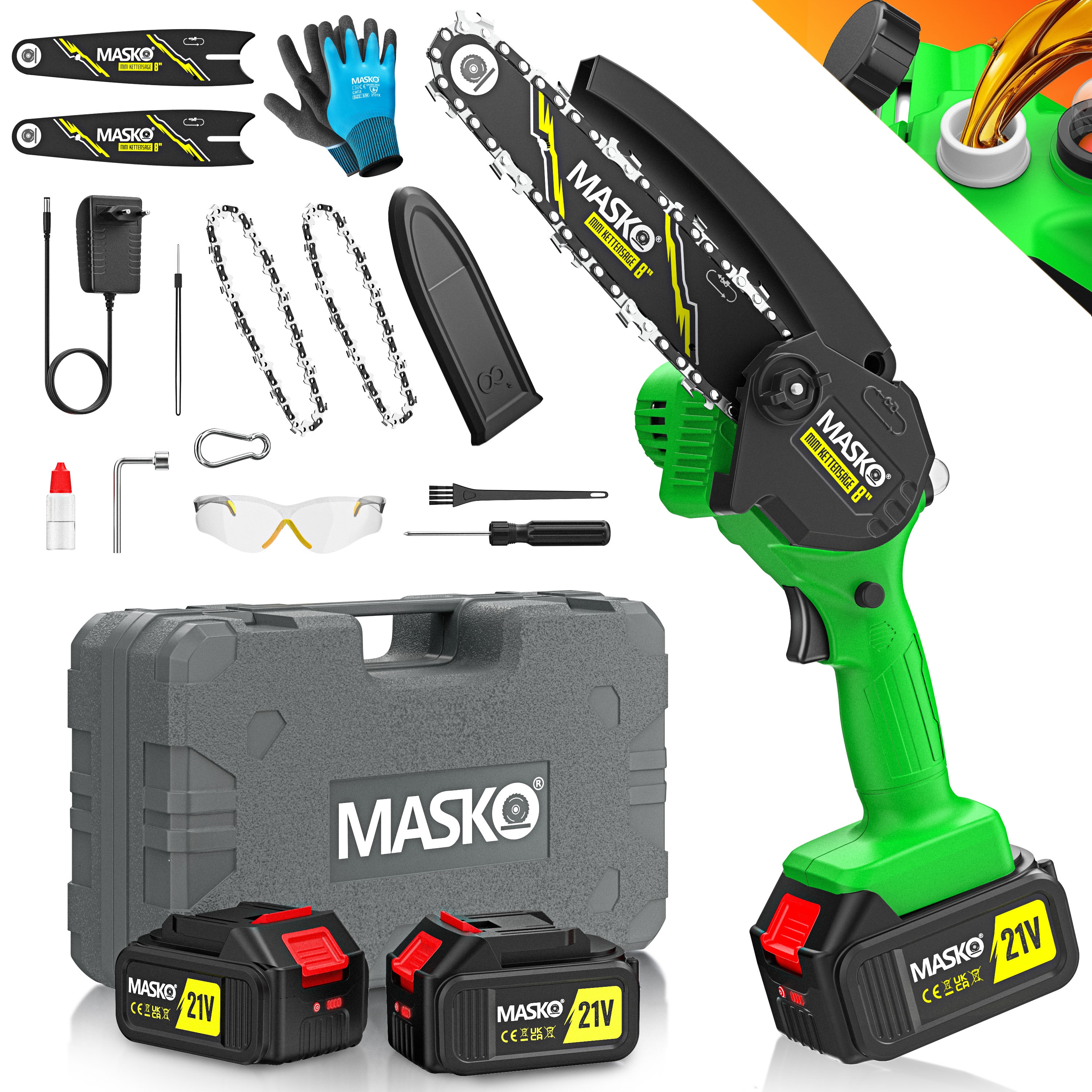 MASKO&reg; Mini-Kettens&auml;ge mit Akku 8000mAh | Handkettens&auml;ge Elektro mit 2 Akku 4000mAh f&uuml;r Gartenscheren/Astscheren/Holzschneiden | Motors&auml;ge 800W automatisches &Ouml;lsystem - Bild 1