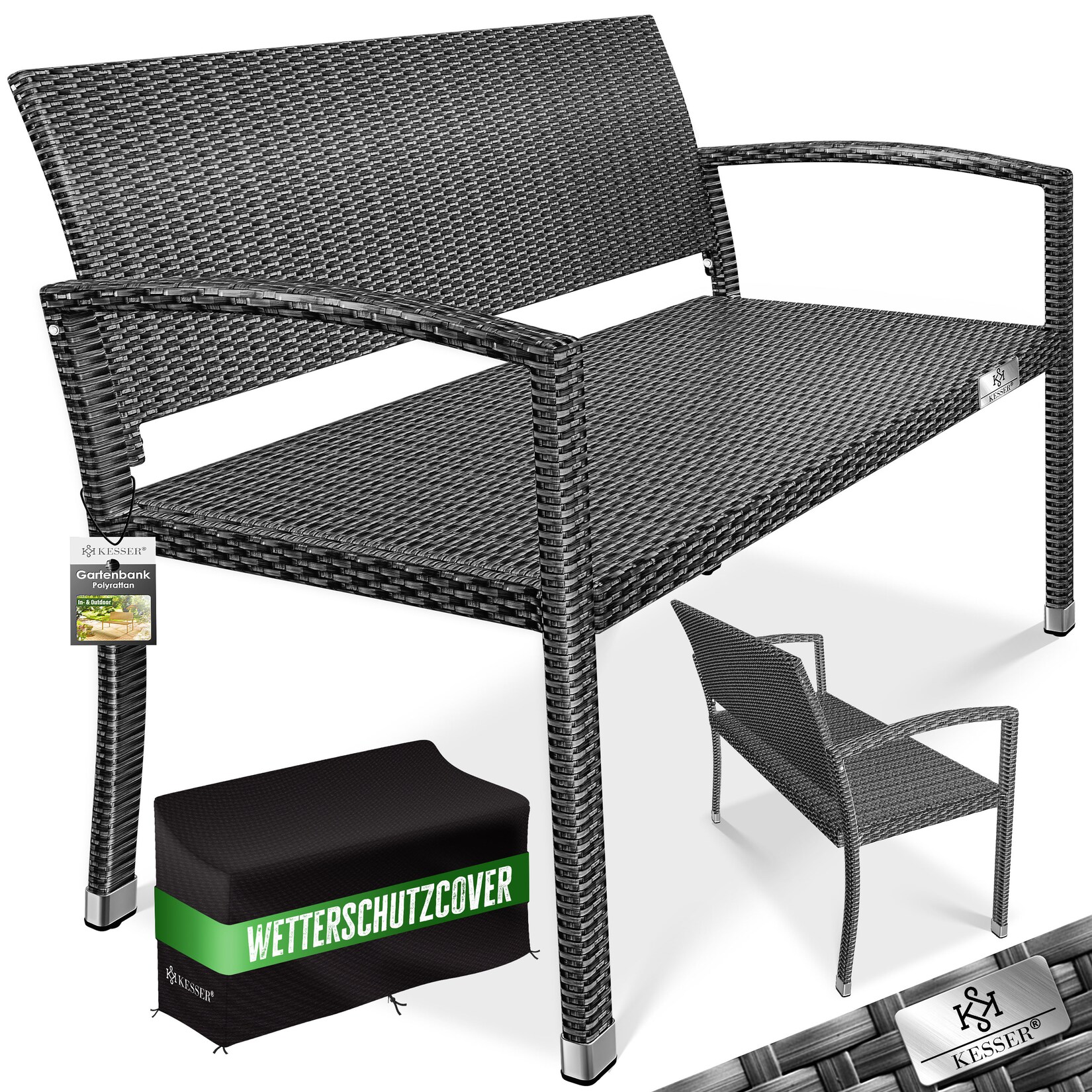 KESSER® Gartenbank Polyrattan 2-Sitzer Wetterfest   Rattan-Sitzbank UV-Beständig & bis 320kg belastbar   Balkon-Bank 125x62x90cm   Garten-Möbel mit ergonomischen Armlehnen   Für 2 Personen | 04255598323895