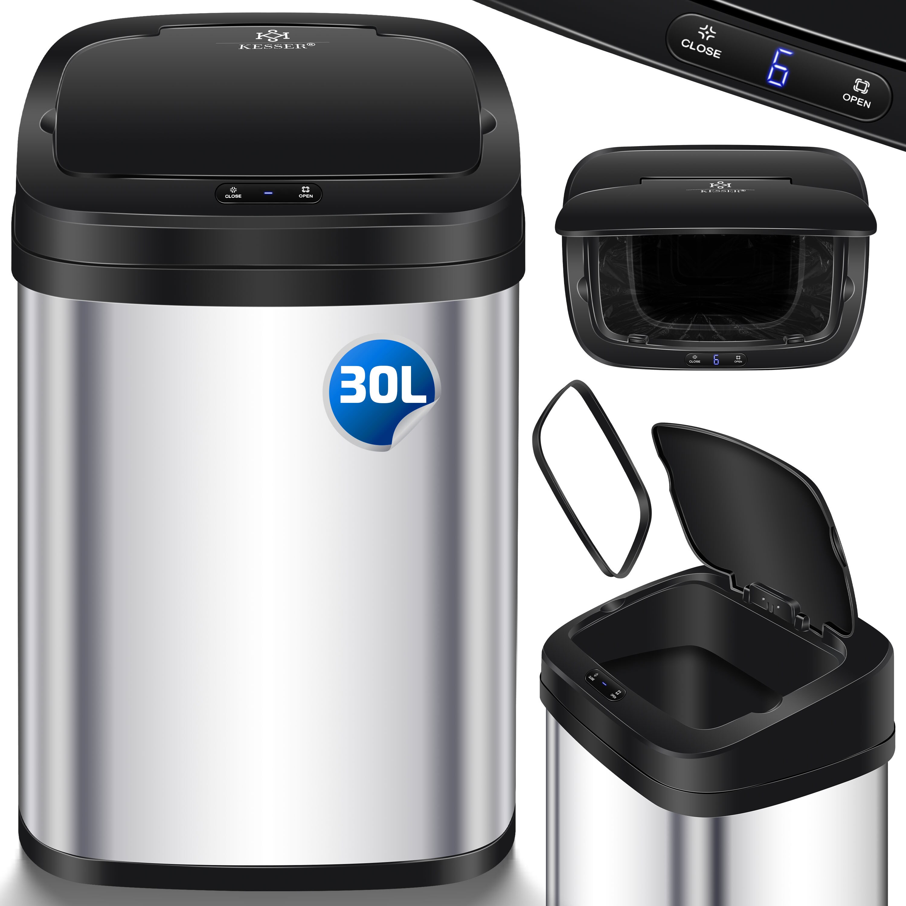 KESSER&reg; Sensor M&uuml;lleimer K&uuml;che | Automatik mit Bewegungssensor Abfalleimer & Soft-Close-Deckel | M&uuml;llbeh&auml;lter mit Touch-Bedienfeld & Sensor | LCD-Display | Edelstahl | inkl. M&uuml;llsackhalter - Bild 1