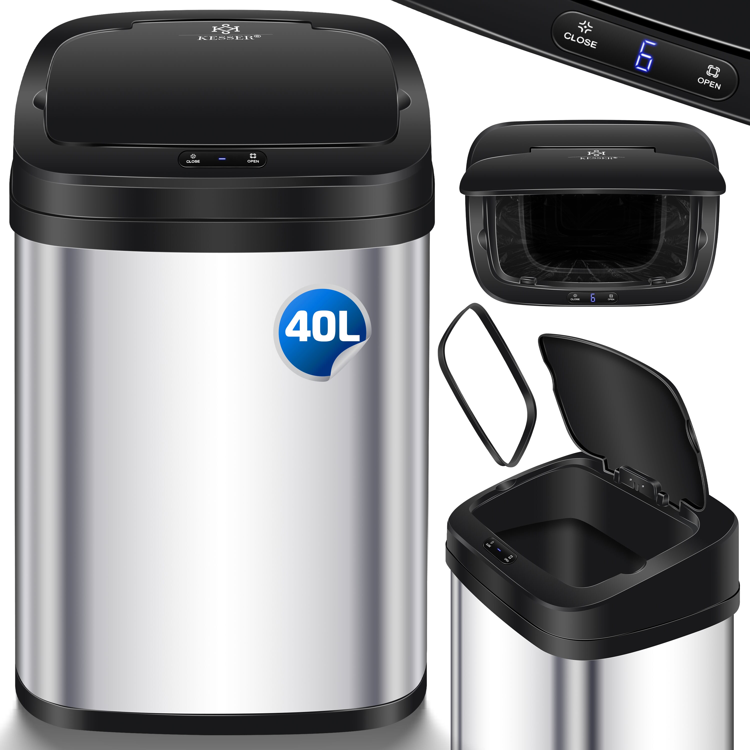 KESSER&reg; Sensor M&uuml;lleimer K&uuml;che | Automatik mit Bewegungssensor Abfalleimer & Soft-Close-Deckel | M&uuml;llbeh&auml;lter mit Touch-Bedienfeld & Sensor | LCD-Display | Edelstahl | inkl. M&uuml;llsackhalter - Bild 1