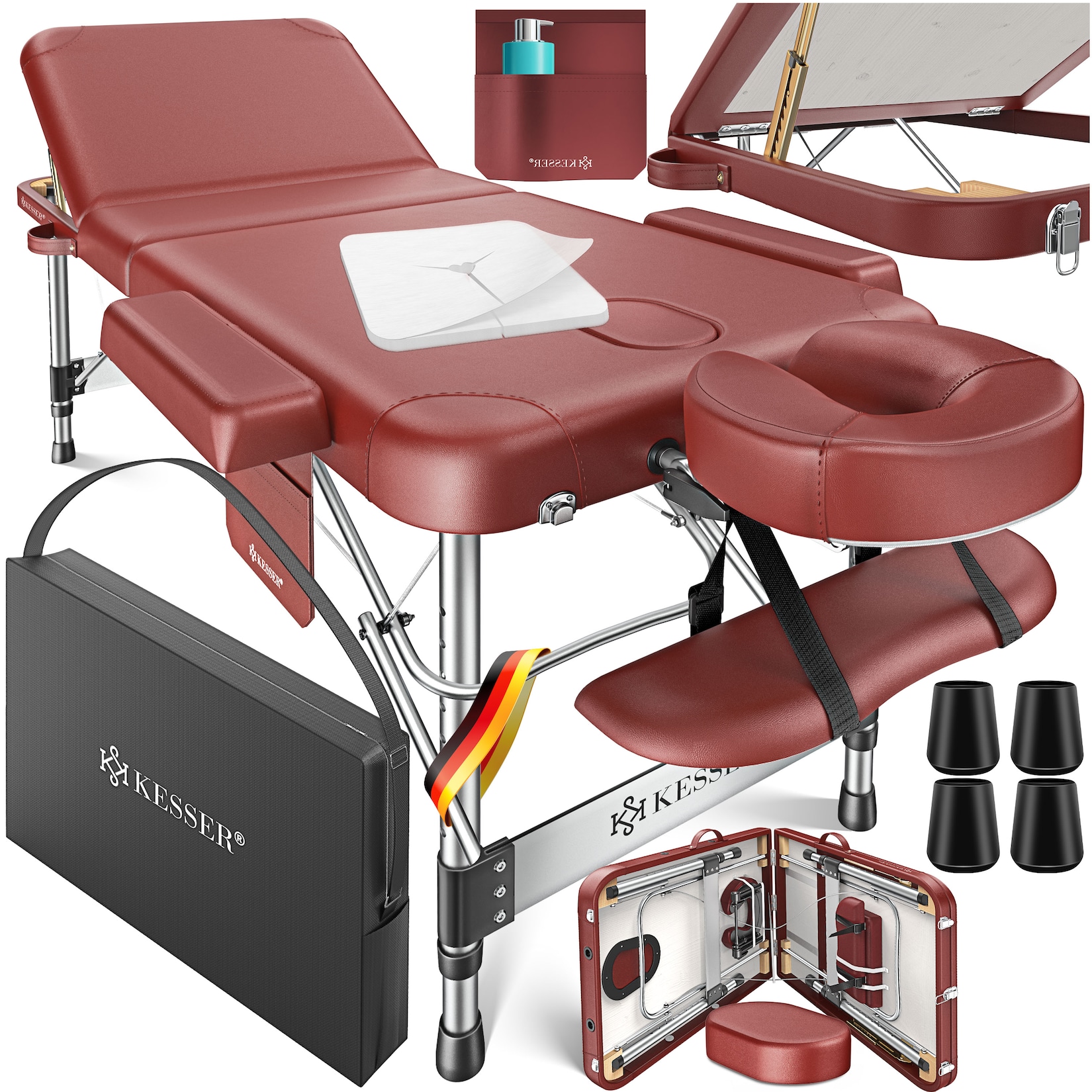 KESSER® Mobile Massageliege klappbar & höhenverstellbar 3 Zonen Massagebett Massagetisch Kosmetikliege Breit Therapieliege Aluminium + 10x Gesichtsauflage mit Kopfstütze Armlehnen & Tasche
